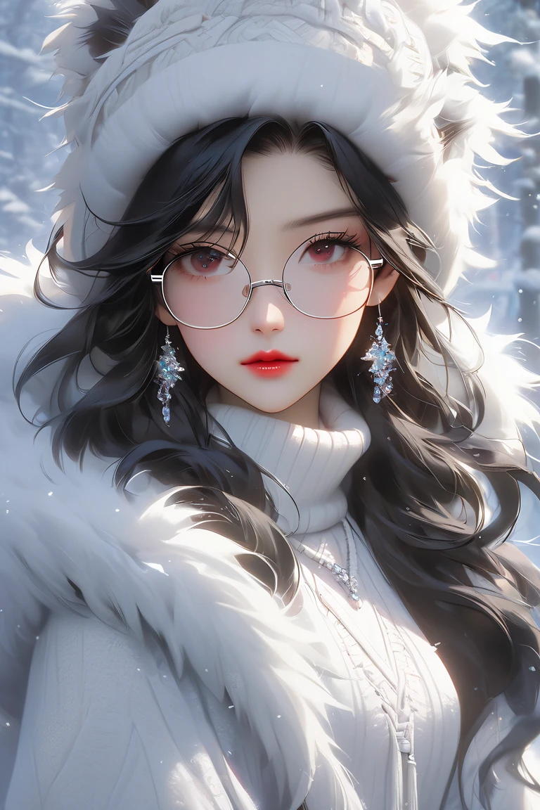 (masterpiece), best quality, perfect face, expressive eyes, Asian Female, white skin, tall, thin, (very long black hair:1.3, somewhat curly hair:1.2, her hair is lightly decorated in ice:1.5, wearing a white fur beanie), thin eyebrows, dark brown eyes, (round glasses with white rim:1.2), earrings made up of frozen water, thick lips, cherry red lipstick, icy white sweater, heavily upvoted, outside in a snowy forest, looking at viewer, expressionless, 8K, UHD, highly detailed, sharp details, upscaled