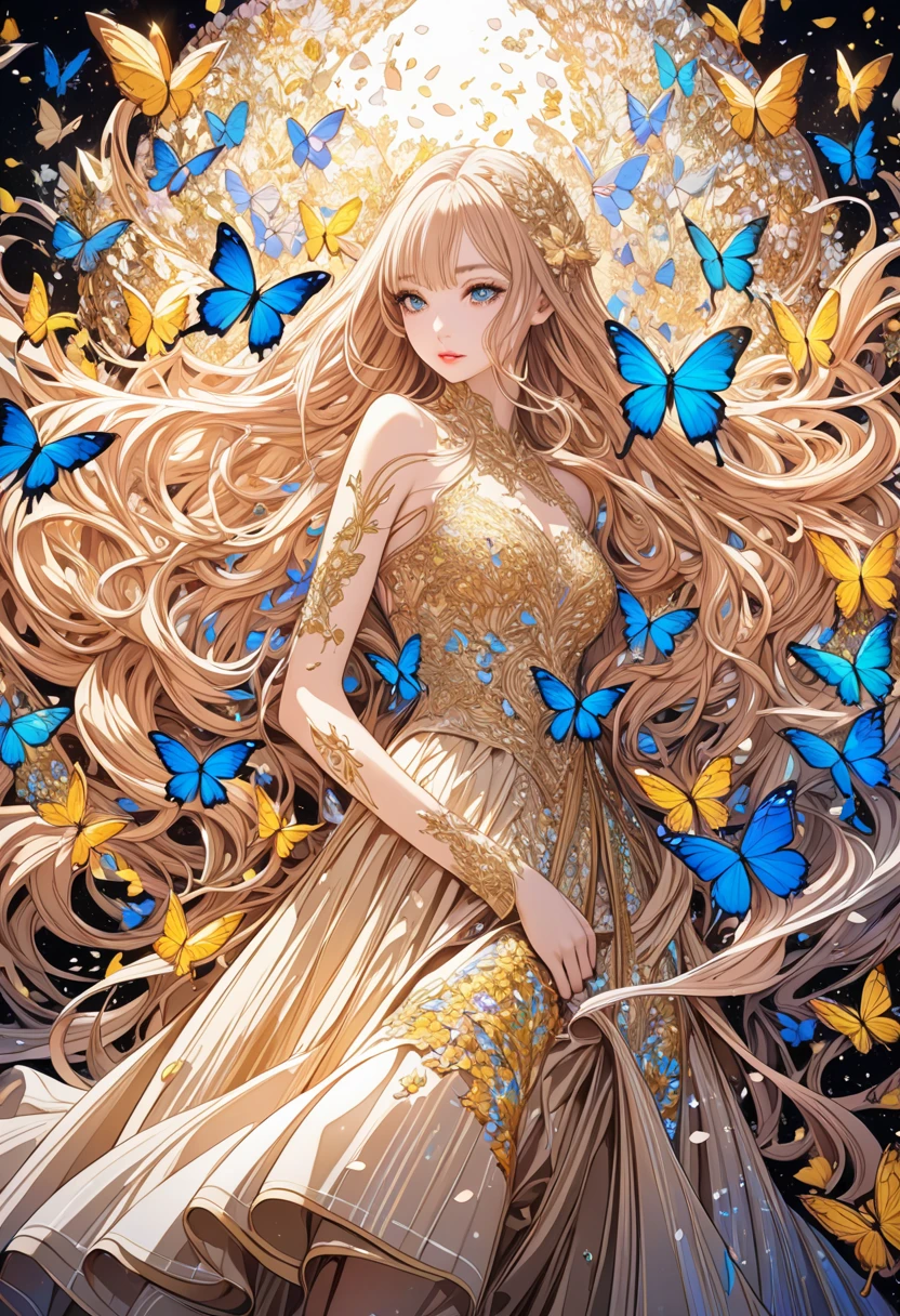  ( best quality ,  high image quality,  high definition , 8k),  Wears a Beige Thread Flowing Skirt , Anatomically perfect,  Very Attractive Pretty Girl ,  Exquisite Narrow Eyes ,  pink lips,  Her Beige Hair Flows in the Wind , Blue Butterflies and Yellow Butterflies , Lots of Petals ,   Swirling Around the Girl 、 Very Very Fantastic ,  Extraordinary Glitter ,  Glitter Art Decor, Soft Rich Level ,  Vivid Tones ,  Visually Beautiful Composition , Best Light ,  Shading Error ,  Complicated Ultra Detailed Art Pen , pentel illustration art, 
