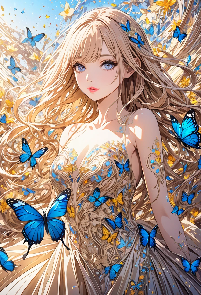  ( best quality ,  high image quality,  high definition , 8k),  Wears a Beige Thread Flowing Skirt , Anatomically perfect,  Very Attractive Pretty Girl ,  Exquisite Narrow Eyes ,  pink lips,  Her Beige Hair Flows in the Wind , Blue Butterflies and Yellow Butterflies , Lots of Petals ,   Swirling Around the Girl 、 Very Very Fantastic ,  Extraordinary Glitter ,  Glitter Art Decor, Soft Rich Level ,  Vivid Tones ,  Visually Beautiful Composition , Best Light ,  Shading Error ,  Complicated Ultra Detailed Art Pen , pentel illustration art, 
