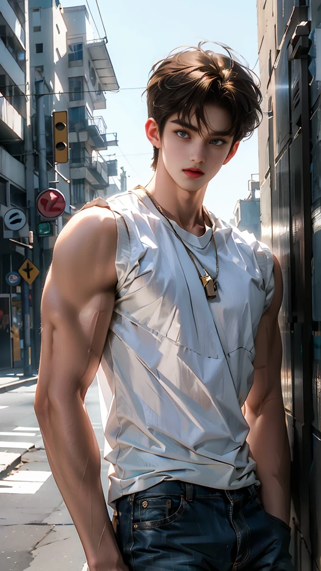 Short and messy boy band member with gray hair, Red eyes, close up photograph, Photorealistic, Wear a tank top and jogging bottoms, solidcolor, Futuristic city, Dynamic camera angle, Full body beauty anime style, clean detailed faces, intricate clothes, analogous colors, Bright shadows, beautiful gradation, Depth of field, hair light, Clean image, High quality, High detail, High definition,  Luminous Studio graphics engine, Beautiful face, Slim waist, 16k