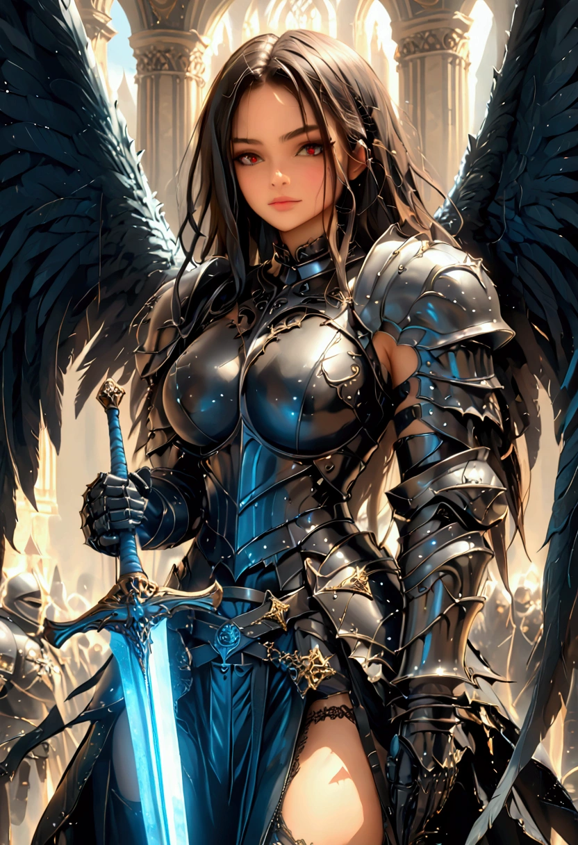 a woman in armor holding a sword and a sword, angel knight gothic girl, villainess has black angel wings, detailed fantasy art, angel knight girl, epic fantasy art style hd, 4k fantasy art, dark armor, stunning armor, hd fantasy art, deathknight, 8k fantasy art, highly detailed fantasy art, wow 4 k detail fantasy, dark angel