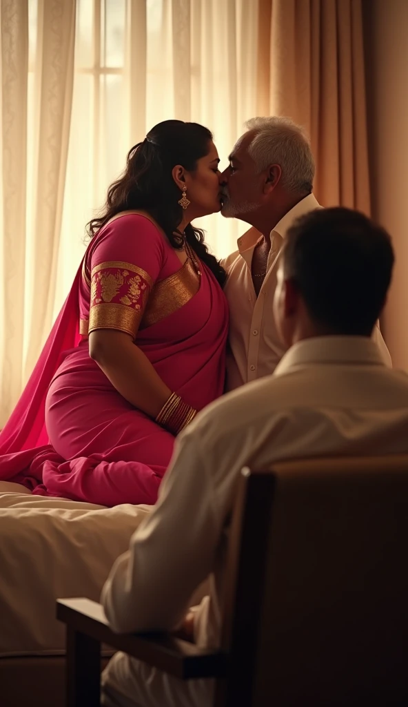 35mm film photography, A middle-aged Caucasian man with short dark hair tenderly embracing and kissing a young, curvaceous South Indian bride dressed in a traditional Indian dawani in a comfortable living room. A group of three Caucasian men observing the couple., high detail, split gradient colors background, full body image