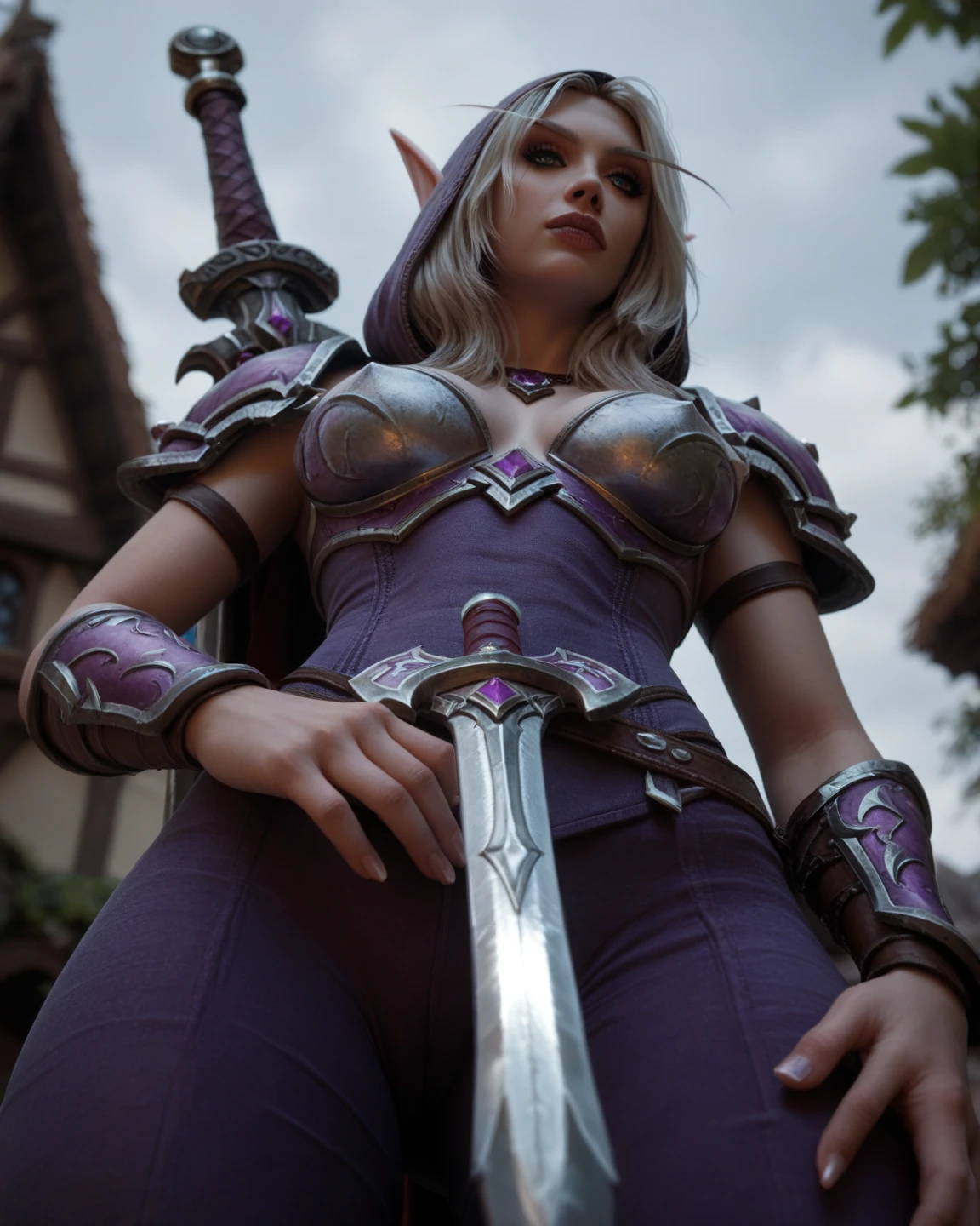 sylvanas,  world of warcraft . with sword.  focused from below 