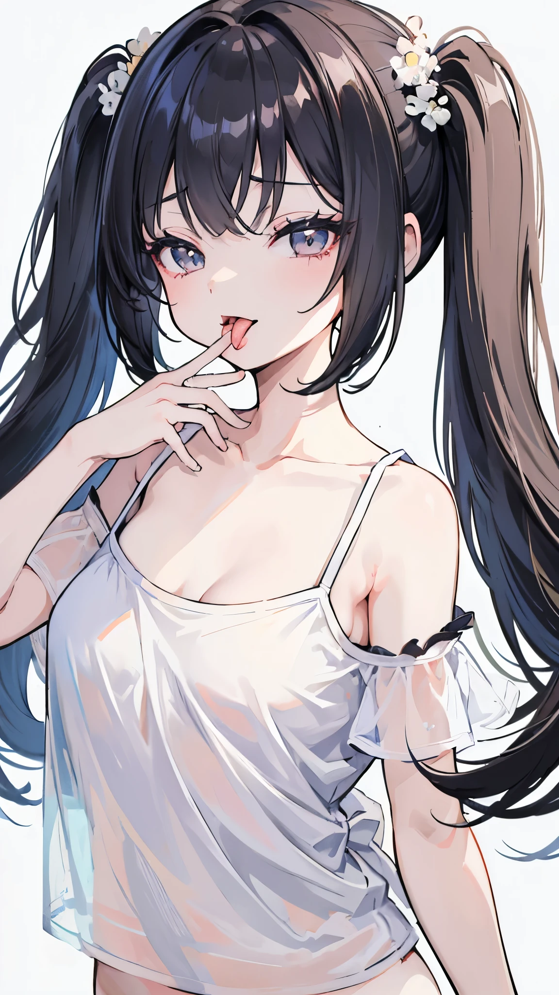 finger to mouth,lick,from front,front view,looking at viewer, looking ahead,from above,cowboy shot,1girl,Beautiful  girl,Japanese,Slender,,low length,Small breasts,ThiSmall Ass,Baby Face,Smalace,Black Hair,two side up,Gray Eyes,Drooping eyes,slit pupils,narrow eyes.middle School girls,Black collar with black leash,A see-through black and light blue negligee,Sexy Lingerie,open mo,tongue out,front face,Kneeling,Straight Stand,Beautiful and detailed anime art,Mischievous smile,Sexy vibe,cum on tongue,ly lit roon the bed,Simple Background,Gray background,Low lighting,