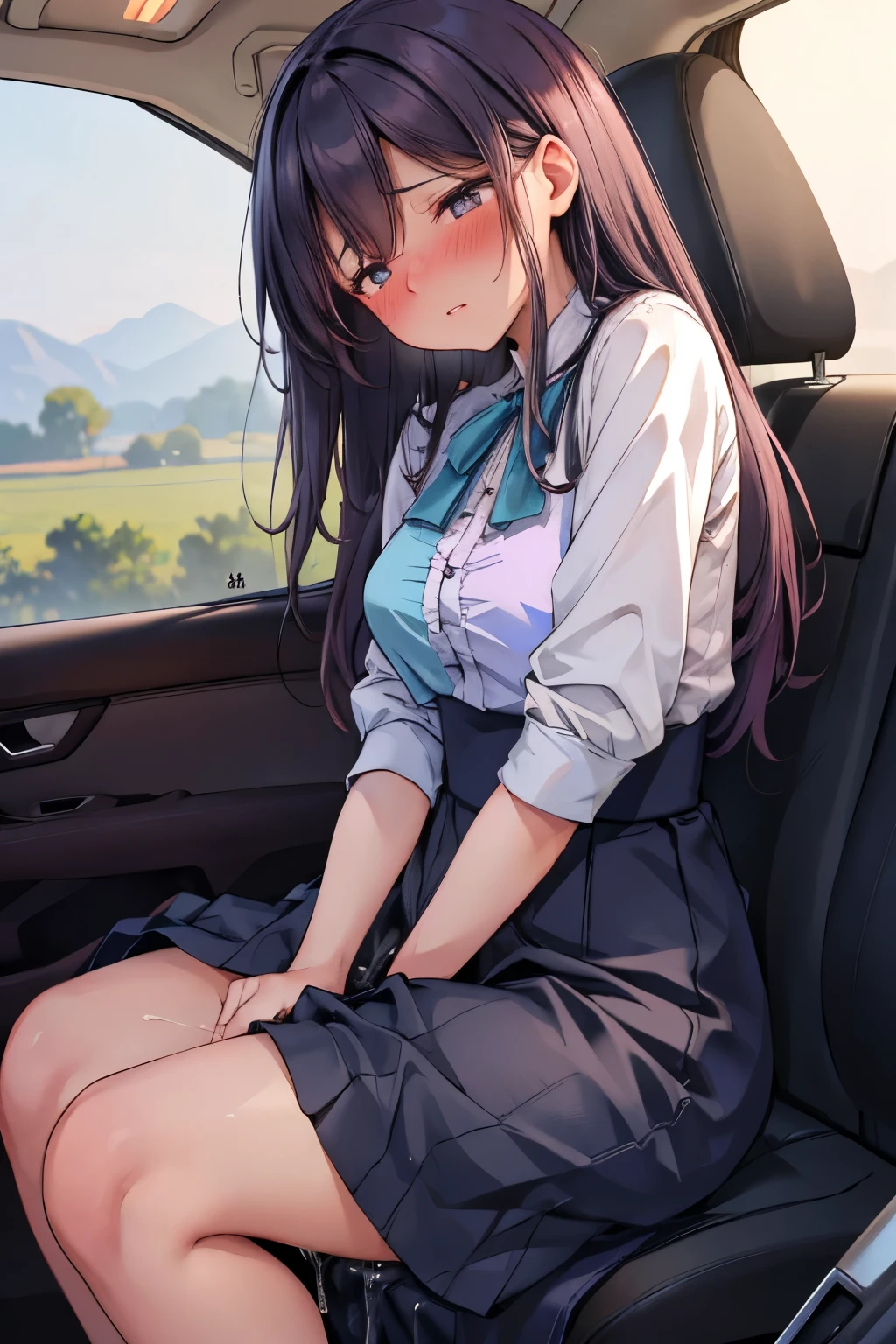 (8K, ultra-detailed, best quality, anatomically perfect body:2), (beautiful breast:1.2), shiny skin, (1 girl), (have to pee), (desperate urge to pee), (very desperate to pee), (her bladder is at its limit:1.5), (in the car, sitting very shallowly:1.6), (She wants to stand up so she lifts her hips from seat:1.2), (fidgeting:1.5), wetting self, (blouse, maxi skirt:1.6), (pantyhose:1.3), ankle boots, panty pull, (Untidy hair:1.4), (She knead her crotch very hard:1.6), (leaning forward), (Close your thighs tightly:1.8), (shrugs:1.7), (orgasm:1.5), (full face blush:1.7), (embarrassment:1.6), (impatience:1.7), (flustered:1.5), (flowing sweat:0.7), (twist whole body:1.4), (panting), breathless, (Humiliation), (Erotic feelings), (closed eyes:0.95), (She is very arousal to hold pee), (tear), looking away, (head tilt:1.1), (parted lips:1.1), (SIGMA 105 mm F/2.8, 1/100 sec shutter, award-winning), (from side), nsfw,