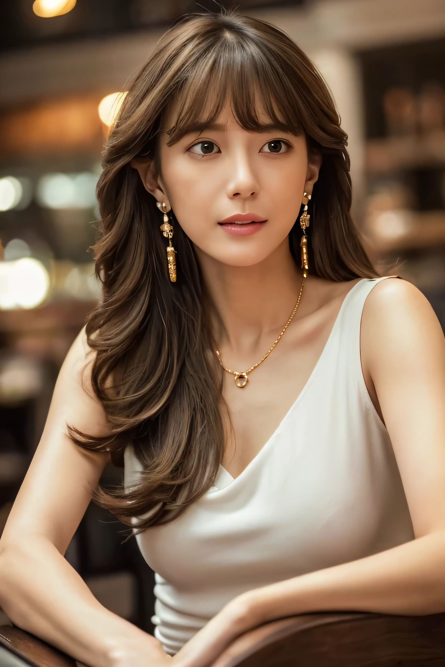 Lip Balm 、Grey Hair Brown Hair: 1.5、Long hair that goes up to the waist、 Masterpiece 、 1 beautiful girl、 detail eyes、 top quality, 超A high definition , (reality: 1.4), movie lighting、 beautiful skin 、slender、body facing forward、( surreal)、( high definition )、(8k)、( very detailed)、( beautiful detailed eyes)、( ultra detail)、 ( wallpaper)、 detailed face 、 viewers、 winters 、、30th generation、blouse、 Asymmetrical Bang 、Giggling、((Place your left hand gently on your chin:1.5))((gold necklace_Large earrings:1.2)),((Sits on a bar chair In a crowded café at dusk:1.3))((wearing white heels:1.5))。((full body portrait:1.5))((Super long brown hair reaching to her waist:1.4)),((asymmetrical bangs_hair over one eye:1.5))
