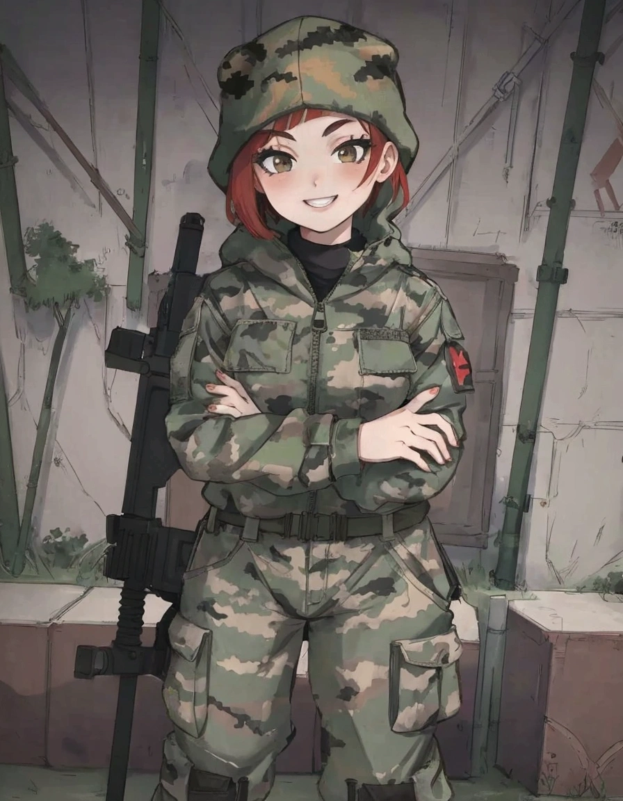 girl with smile and red short hair, with a camouflage jacket, camouflage balaclava, camouflage pants 