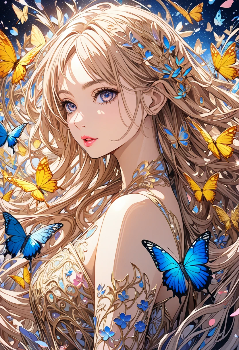  ( best quality ,  high image quality,  high definition , 8k),  Wears a Beige Thread Flowing Skirt , Anatomically perfect,  Very Attractive Pretty Girl ,  Exquisite Narrow Eyes ,  pink lips,  Her Beige Hair Flows in the Wind , Blue Butterflies and Yellow Butterflies , Lots of Petals ,   Swirling Around the Girl 、 Very Very Fantastic ,  Extraordinary Glitter ,  Glitter Art Decor, Soft Rich Level ,  Vivid Tones ,  Visually Beautiful Composition , Best Light ,  Shading Error ,  Complicated Ultra Detailed Art Pen , pentel illustration art, 
