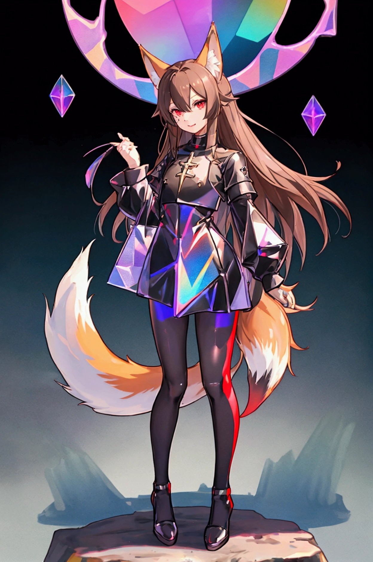 kishi-v2(  black and evil  々  shield 、 wear armor ,  brown hairの毛、 red eyes,  1 girl),　  I tried wearing black tights  、  1 girl, in ,  fox girl, In women  ,  fox ears,  animal ears  , Nazuna_Hiwatashi,  brown hair, long hair, red eyes, (Animal Nose, triangular nose  ),  fox ears, ((bushy Tail, Tail)),The background is a sunset sunset 、 medieval cityscape with basket、Inside the kaleidoscope、 stained glass background 、Legendary Scenery 、 mythical scenery unfolds、The cathedral shines brightly、red and green contrast 、Path of Light、 Edelgard in black armor, wearing black tights ,((  Holographic  )), （I can see the fangs、Double teeth、 wore black tights  ( transparent PVC clothing , transparent colored vinyl clothing , : 1.2。prism, Holographic , Color Difference, fashion illustration), （Mean face、 red eyeliner that makes a striking impression、  cold eyes 、  has long eyelashes） Purple Eyes,  long hair,  Holographic ヘア( Holographic :1.2), Refined and elegant ,  3d rendering,, Looking at the Audience , pixib,movie lighting,  very detailed,