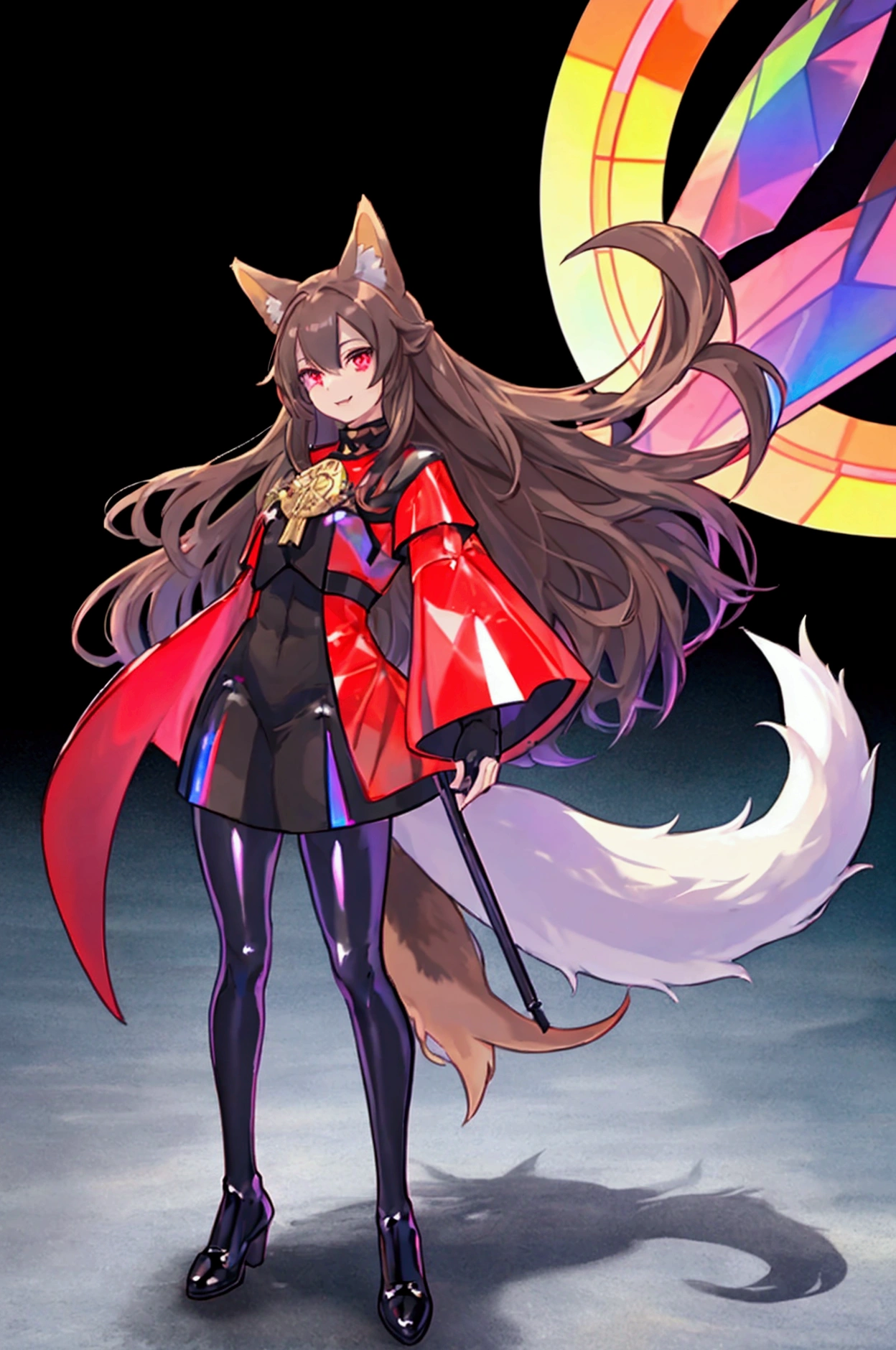 kishi-v2(  black and evil  々  shield 、 wear armor ,  brown hairの毛、 red eyes,  1 girl),　  I tried wearing black tights  、  1 girl, in ,  fox girl, In women  ,  fox ears,  animal ears  , Nazuna_Hiwatashi,  brown hair, long hair, red eyes, (Animal Nose, triangular nose  ),  fox ears, ((bushy Tail, Tail)),The background is a sunset sunset 、 medieval cityscape with basket、Inside the kaleidoscope、 stained glass background 、Legendary Scenery 、 mythical scenery unfolds、The cathedral shines brightly、red and green contrast 、Path of Light、 Edelgard in black armor, wearing black tights ,((  Holographic  )), （I can see the fangs、Double teeth、 wore black tights  ( transparent PVC clothing , transparent colored vinyl clothing , : 1.2。prism, Holographic , Color Difference, fashion illustration), （Mean face、 red eyeliner that makes a striking impression、  cold eyes 、  has long eyelashes） Purple Eyes,  long hair,  Holographic ヘア( Holographic :1.2), Refined and elegant ,  3d rendering,, Looking at the Audience , pixib,movie lighting,  very detailed,