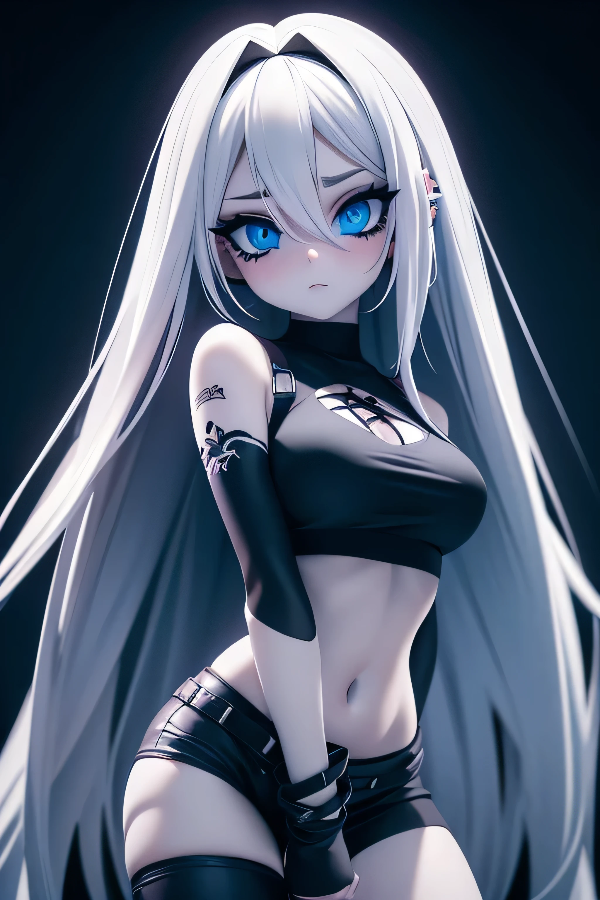 a beautiful emo girl with long white hair, piercing blue eyes, wearing a black crop top, tight leggings, and only her underwear, detailed facial features, cinematic lighting, dark moody atmosphere, high contrast, dramatic shadows, photorealistic, intricate details, masterpiece