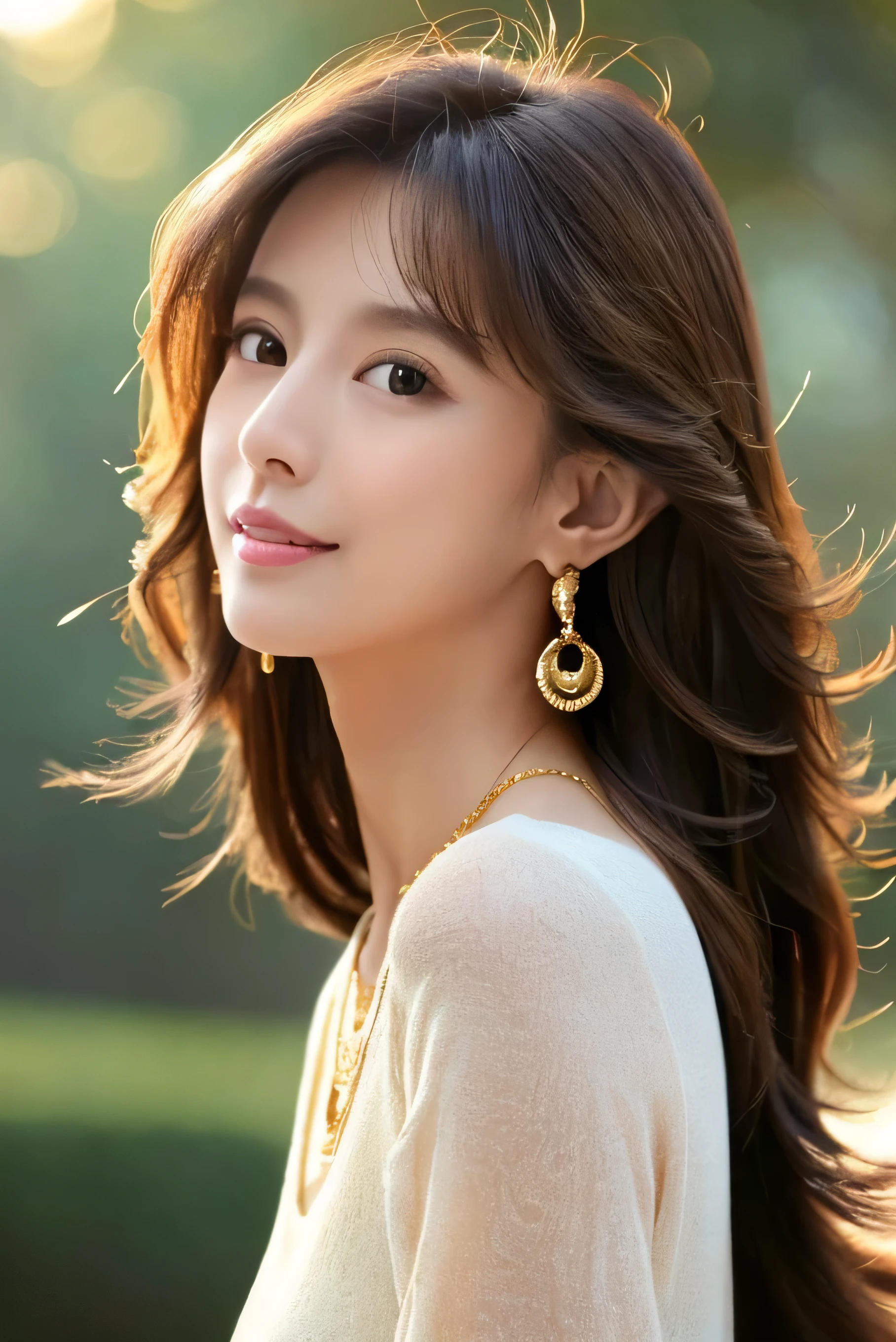  Lip Balm 、 long hair that stretches up to the waist、  Masterpiece  、 1 beautiful girl、 detail eyes、 top quality, 超A high definition , (reality: 1.4),  movie lighting、 beautiful skin 、slender、body facing forward、( surreal)、( high definition )、(8k)、( very detailed)、( beautiful detailed eyes)、( ultra detail)、 ( wallpaper)、 detailed face 、 viewers、 winters 、、30th generation、blouse、 Asymmetrical Bang  、Giggling、((Place your left hand gently on your chin:1.5))、((gold necklace_Large earrings:1.2)),((Super long brown hair reaching to her waist:1.4)),((full figure supermodel standing, entire body in frame:1.4)(())