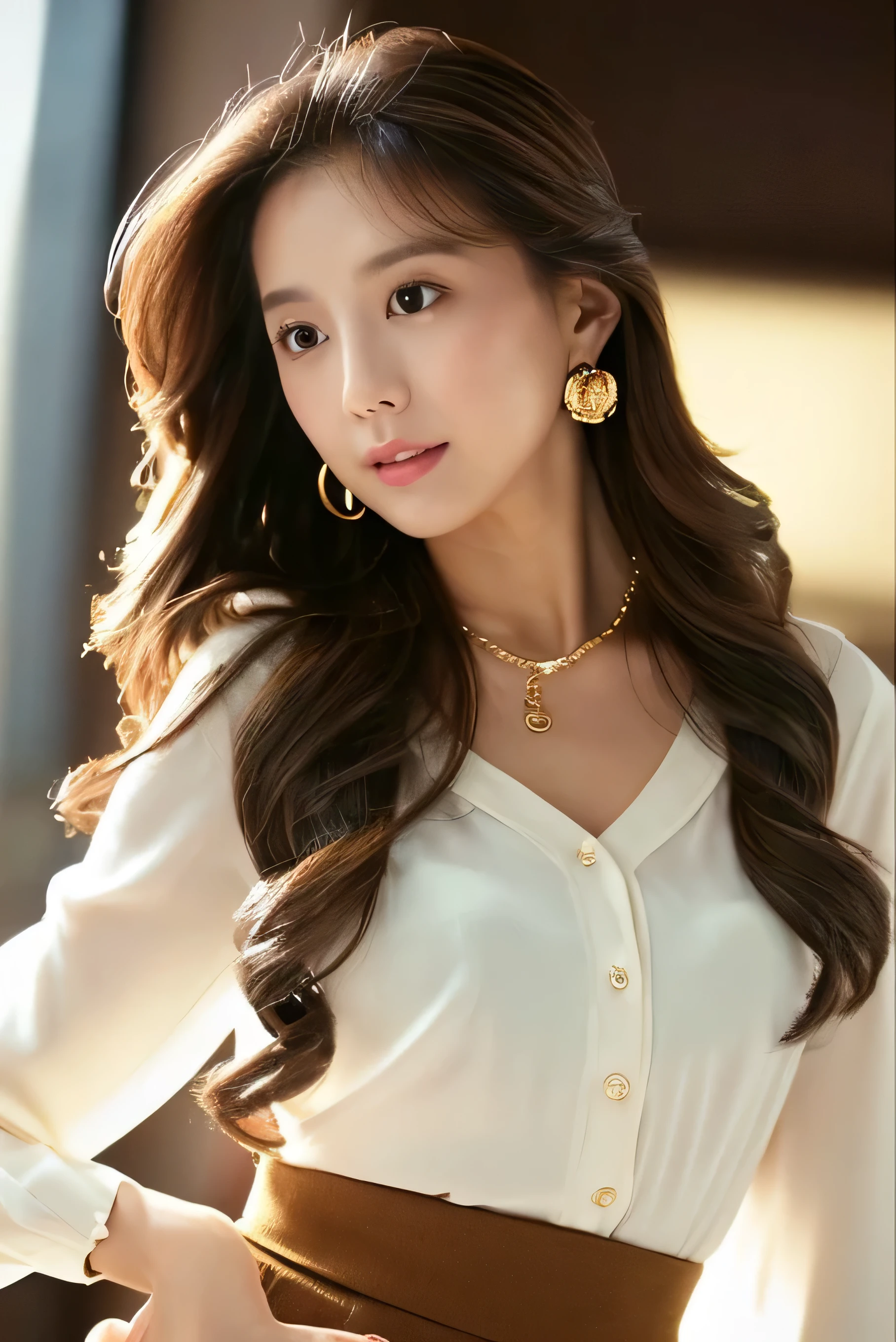  Lip Balm 、 long hair that stretches up to the waist、  Masterpiece  、 1 beautiful girl、 detail eyes、 top quality, 超A high definition , (reality: 1.4),  movie lighting、 beautiful skin 、slender、body facing forward、( surreal)、( high definition )、(8k)、( very detailed)、( beautiful detailed eyes)、( ultra detail)、 ( wallpaper)、 detailed face 、 viewers、 winters 、、30th generation、blouse、 Asymmetrical Bang  、Giggling、((Place your left hand gently on your chin:1.5))、((gold necklace_Large earrings:1.2)),((Super long brown hair reaching to her waist:1.4)),((full figure supermodel standing, entire body in frame:1.4)((white long sleeve button up blouse_brown pleated mini skirt))