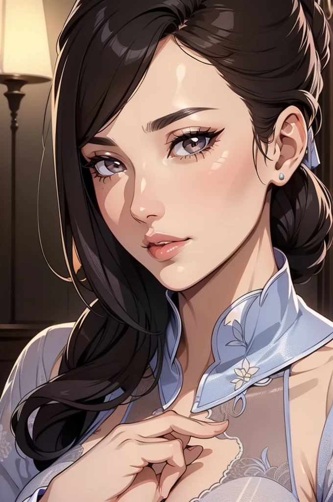((masterpiece)), ((best quality)), (ultra-detailed), absurdres, extremely detailed CG unity 8k wallpaper, Official Art, (realistic), beautiful face, detailed hands, expressive eyes, upper body, close up, solo, scenery, illustration, dramatic lighting, standing, smile, 1girl, sharp eyelashes, lips, dress ((masterpiece)), , absurdres, HDR