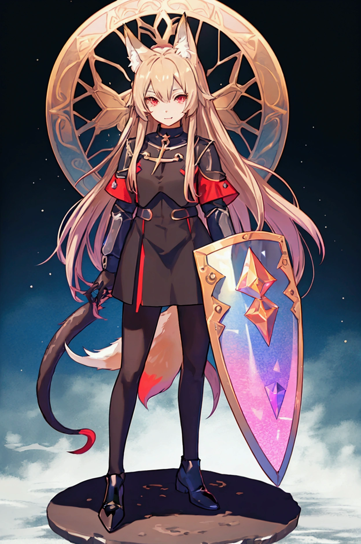 The background is a sunset sunset 、 medieval cityscape with basket、Inside the kaleidoscope、 stained glass background 、Legendary Scenery 、 mythical scenery unfolds、The cathedral shines brightly、red and green contrast 、Path of Light、 Edelgard in black armor, wearing black tights ,((  Holographic  )), kishi-v2(  black and evil  々  shield 、 wear armor ,  brown hairの毛、 red eyes,  1 girl),　  I tried wearing black tights  、  1 girl, in ,  fox girl, In women  ,  fox ears,  animal ears  , Nazuna_Hiwatashi,  brown hair, long hair, red eyes, (Animal Nose, triangular nose  ),  fox ears, ((bushy Tail, Tail)), fluffy fur with a large  shield  , （I can see the fangs、Double teeth、 wore black tights  ( transparent PVC clothing , transparent colored vinyl clothing , : 1.2。prism, Holographic , Color Difference, fashion illustration), （Mean face、 red eyeliner that makes a striking impression、  cold eyes 、  has long eyelashes） Purple Eyes,  long hair,  Holographic ヘア( Holographic :1.2), Refined and elegant ,  3d rendering,, Looking at the Audience , pixib,movie lighting,  very detailed