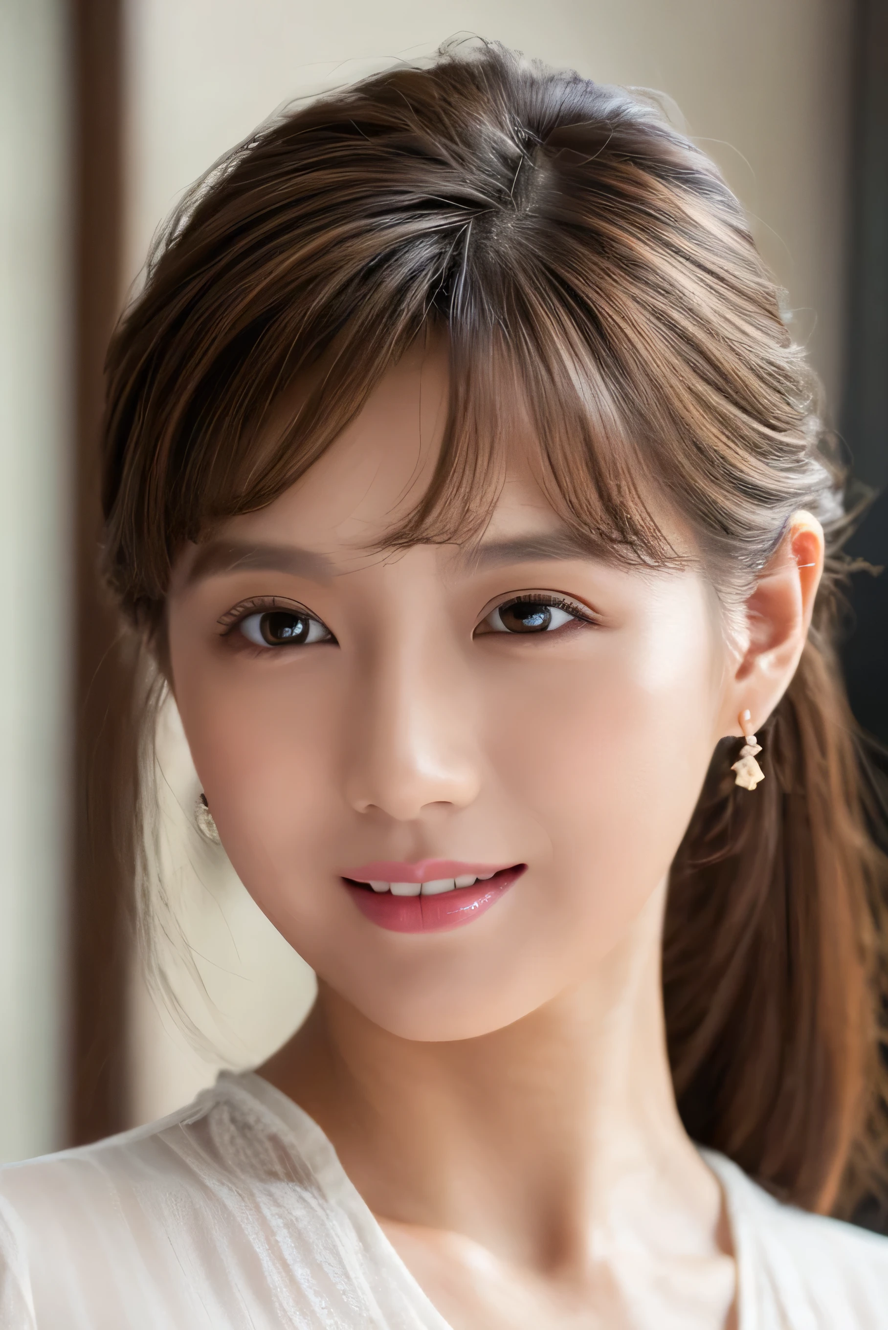 Lip Balm 、Grey Hair Brown Hair: 1.5、 ponytail 、  Masterpiece  、 1 beautiful girl、 detail eyes、 top quality, 超A high definition , (reality: 1.4),  movie lighting、 beautiful skin 、slender、body facing forward、( surreal)、( high definition )、(8k)、( very detailed)、( beautiful detailed eyes)、( ultra detail)、 ( wallpaper)、 detailed face 、 viewers、 winters 、、30th generation、blouse、 Asymmetrical Bang  、Giggling、