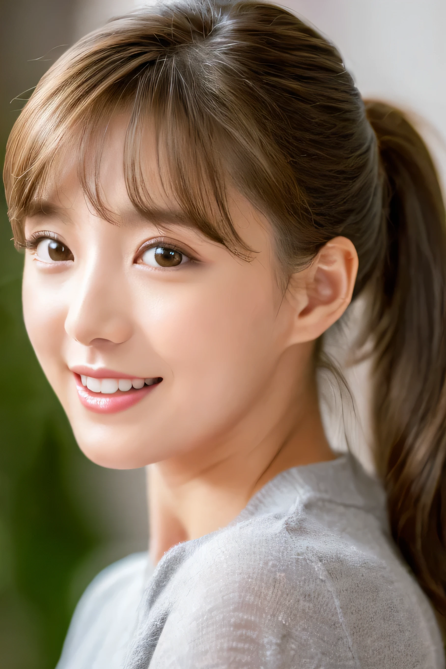  Lip Balm 、Grey Hair Brown Hair: 1.5、 ponytail 、  Masterpiece  、 1 beautiful girl、 detail eyes、 top quality, 超A high definition , (reality: 1.4),  movie lighting、 beautiful skin 、slender、body facing forward、( surreal)、( high definition )、(8k)、( very detailed)、( beautiful detailed eyes)、( ultra detail)、 ( wallpaper)、 detailed face 、 viewers、 winters 、、30th generation、blouse、 Asymmetrical Bang  、Giggling、