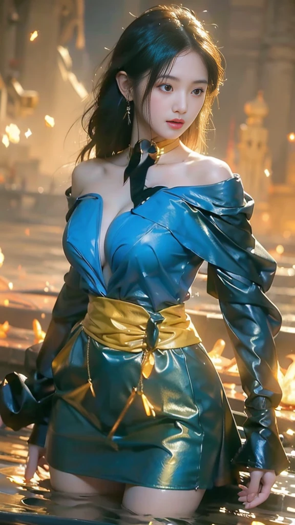 a girl,yelow hair, use long knife,fly, blue clothes