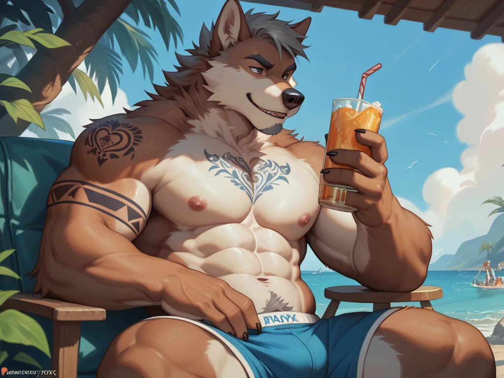 furry, pasture dog, wolf, muscular, strong, brown fur, gray hair, strong, male, may tay, tattoo on the right arm,