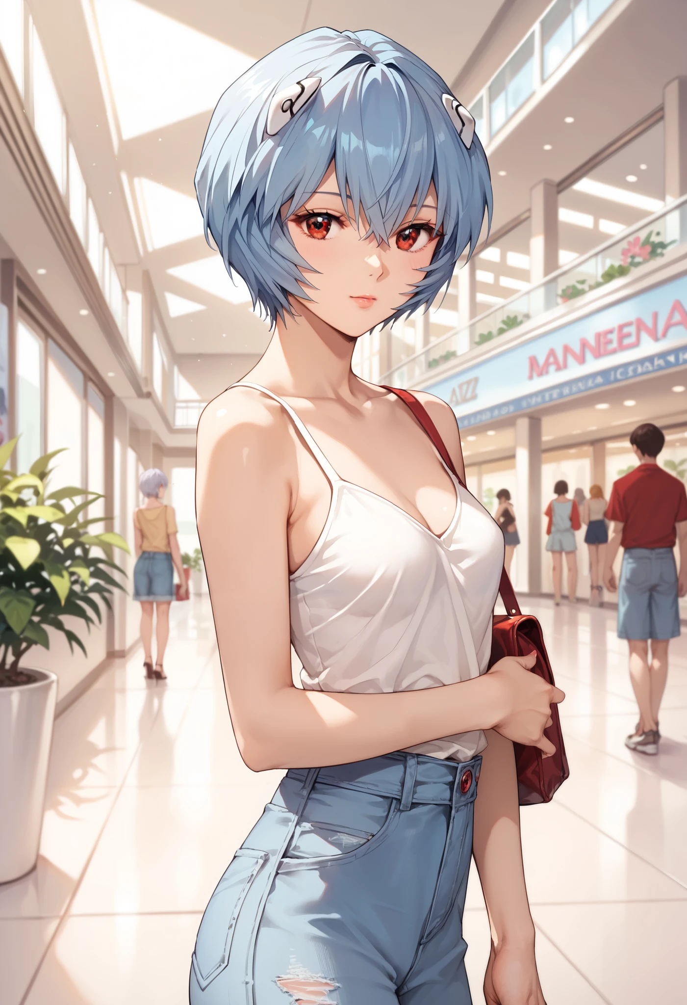 sfw, anime style, extremely detailed CG, high resolution, best quality, masterpiece, single woman, rei ayanami (neon genesis evangelion), red eyes, (beautiful detailed eyes: 1.4), light blue hair, short hair, small breasts, casual clothes, natural pose, mall