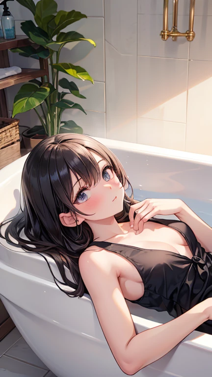 Anime beautiful girl in translucent black lace thong lying in bathtub