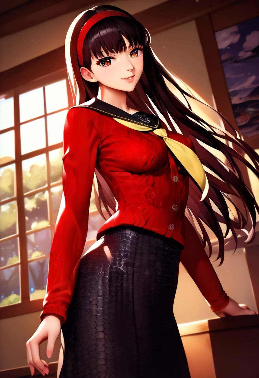 (Masterpiece, Ultra-high resolution, 8k, High Quality, Top quality, High-Detailed, Detailed CG, Cinematic Shadow:0.5, Beautiful Detailed Eyes, Ultra Resolution, Depth of Field, High Resolution, Masterpiece: 1.2), (Anime Art style), (cowboy shot), (Japanese style room:1.6), 1girl, solo, yukikodef, red hairband, school uniform, red sweater, red cardigan, black sailor collar, yellow neckerchief, long sleeves, black skirt, black pantyhose, medium breasts, beautiful breasts, smile, dynamic angle, face focus, seiza, from side, 