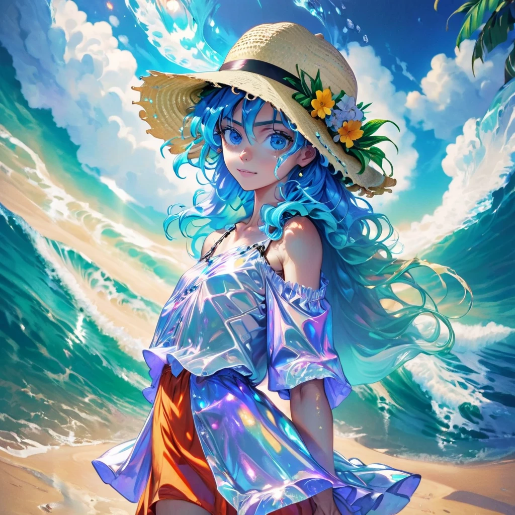  retro anime style from the 90s , movie poster:1.2, iloneinação suave,  dramatic angle:1.25, one:1.4, 1 ,  aquamarine hair ,  long curly hair ,  Blue Eyes, arrogant smile, two в крепости straw hat,  dropped shoulder shirt, hat flower, looking:1.3, Fantastically colored , Fortaleza , неоновая two ночью, céu iloneinado pela lua com nuvens, two:1.3,  masterpiece :1.2,  ultra detailed,  best quality ,  similar to Kemono,  Depth of Field .