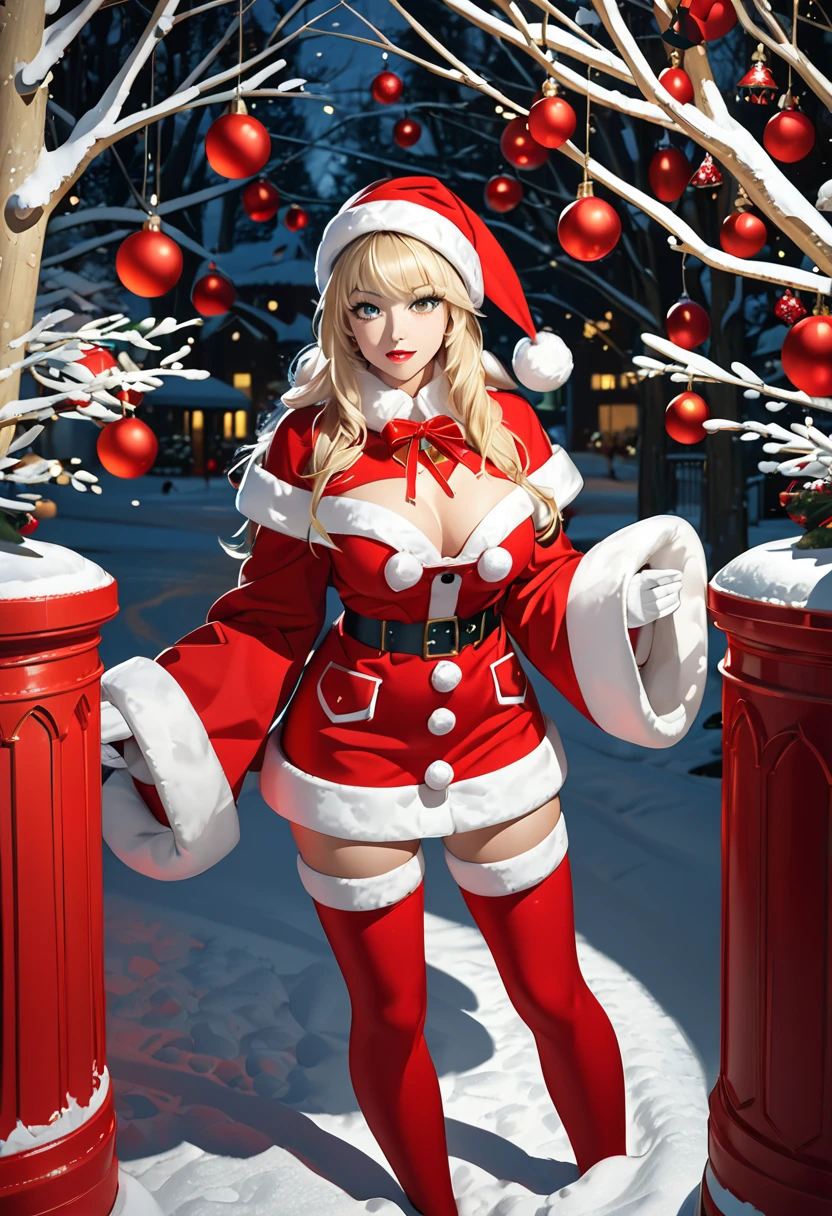 ((best quality)), ((masterpiece)), (detailed), perfect face, ((Big tits)), asian girl, red christmas outfit, lingerie, stocking, xmas, beautyful face, ((stocking)), ((she wearing a red mask)), high heels, ((she wearing a red hood)), ((blonde straight hair)), ((detailed eyes)), it is snowing in the background, (one snowman in the background)