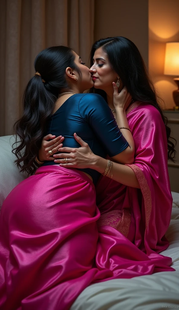 (((Curvy woman in satin salwar))), (((young man an woman lying down))), (((couple))), (((kissing))), (((defined figure))) ((young man lying on woman) (on top), (hugging), (lying on bed) (looking at young man), (curvy), (cheating) (buttock), no shirt, full body, Touching pussy, in bedroom