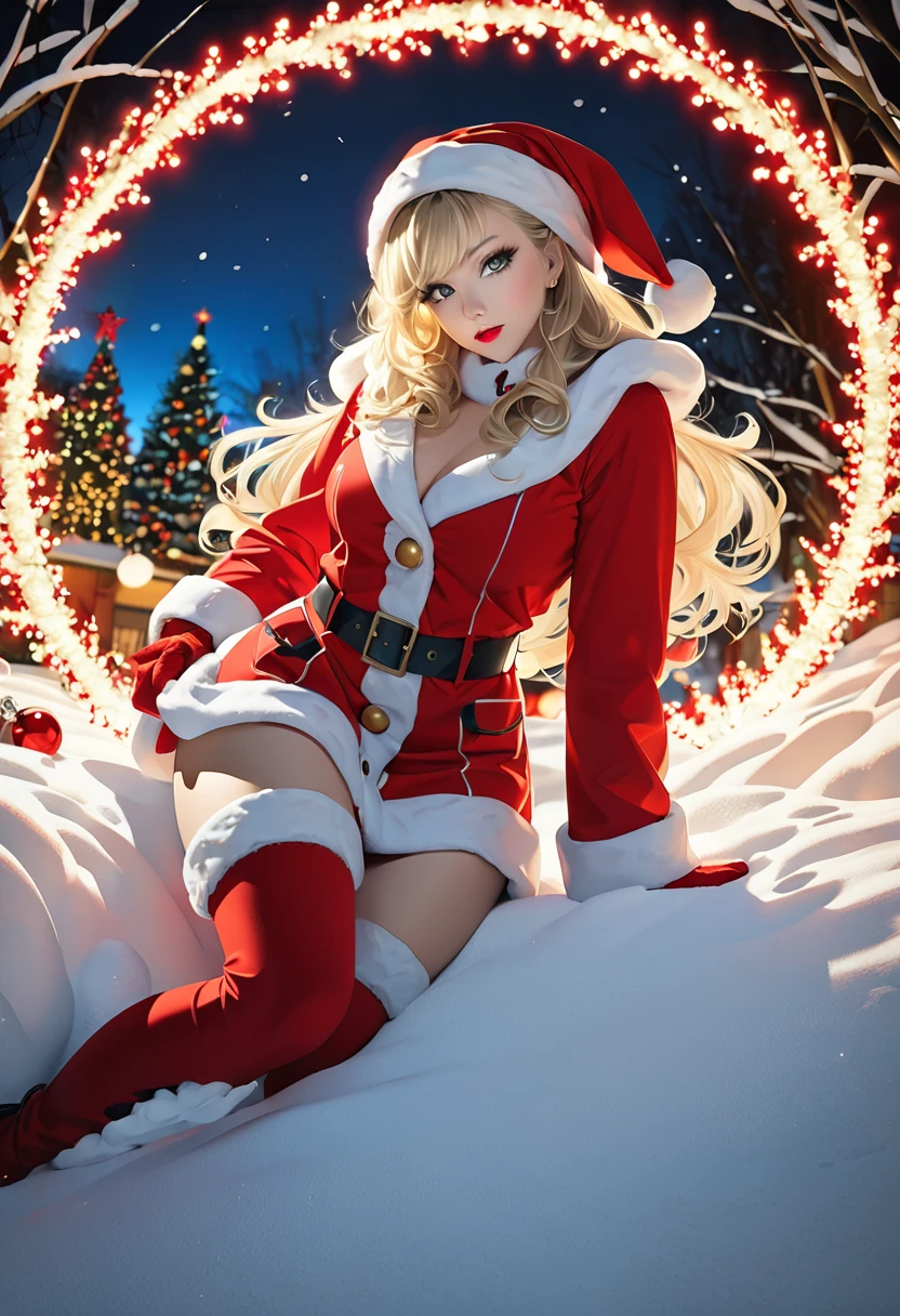 "sexy blonde elf with a beautiful face in a cute outfit made of fabric snowflakes unpacks a gift from Santa. Describe the moment, when she feels, how joy spreads through her heart, like the magic of New Year, friendship. How would you capture this moment???, spreading holiday magic???????", ultra detail, hiquality, 8K, General detail:1.5