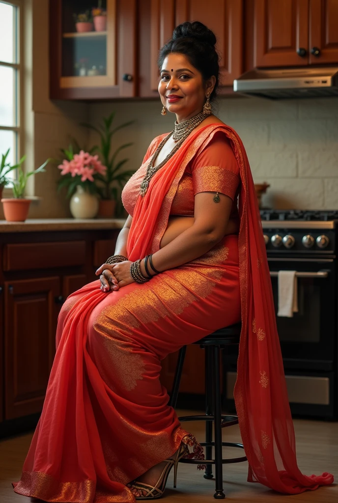 40year old heavy muscular young aged cute beautiful Kerala malayali beautiful female bodybuilder housemaid aunty , aunty in saree , Her muscular physique is highlighted by her self-assured strong biceps legs with more muscular calf with pointed high heel sandal in kitchen cleaning floor