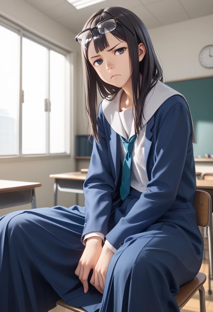 score_9, score_8, score_7, source_anime, masterpiece, best quality, amazing quality, intricate details, extremely detailed, official aer,
solo, 1girl, kanamori, frown,
a tall female high school student, freckles, eyewear on head, serafuku, long skirt, 
sitting on the chair with spread legs apart, BREAK,
indoors, classroom,