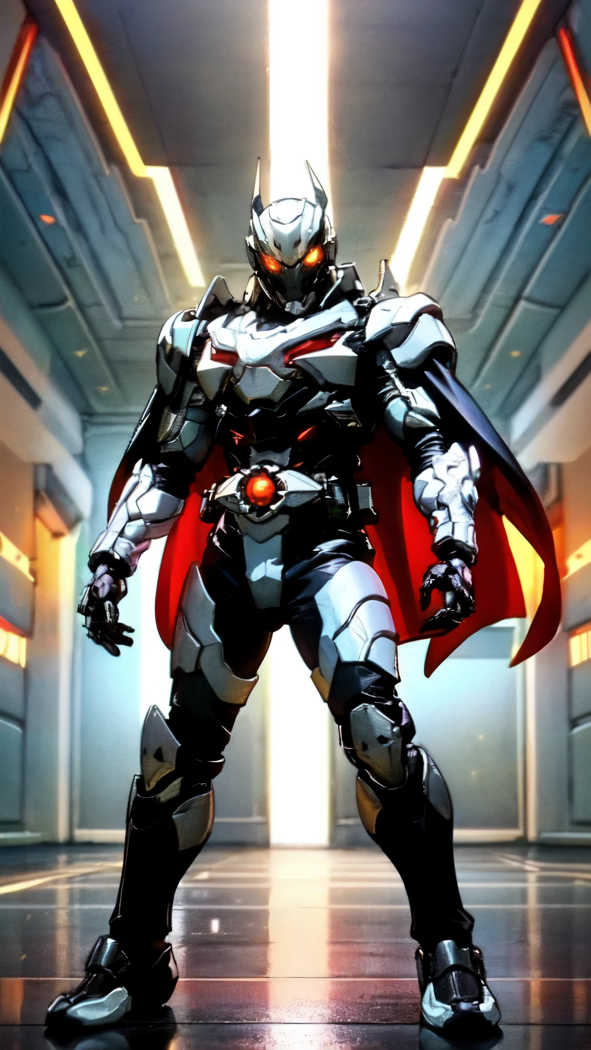 (masterpiece:1.5, best quality:1.5, extremely delicate:1.5), ((male:1.5)), a man wearing a full-face helmet, high-tech biomimetic armored combat suit, (a composite layered chest armor), the design balances heavy with agility, fully enclosed shoulder guards, matching arm and leg guards, a belt of gemstone, (the color scheme is primarily Red with Purple and Yellow accents, Organic Biotech, Concept Inspired by Vampire, glowing eyes, armor glows, huge cloak like devil wings), stand of a futuristic sci-fi city, this character embodies a finely crafted fantasy-style armored hero in anime style, exquisite and mature art style, metallic, high definition, highres, ultra-detailed, ultra-fine painting, professional, perfect body proportions, golden ratio, anatomically correct, symmetrical face, extremely detailed eyes and face, high quality eyes, creativity, RAW photo, UHD, 32k, Natural light, cinematic lighting, (masterpiece-anatomy-perfect:1.2)