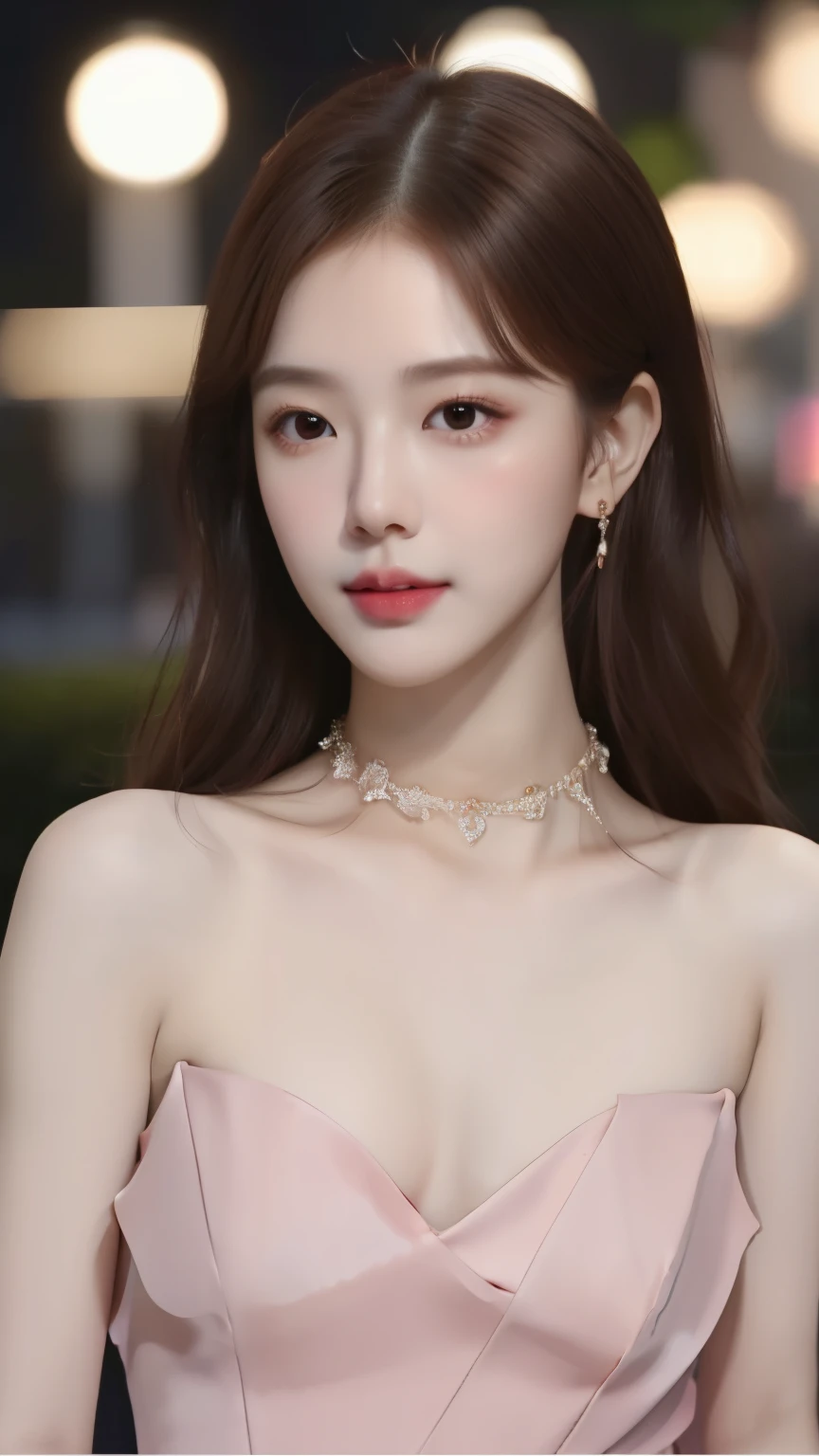 half-body photo of a korean girl, (Perfect beauty:1.37), ((platinum brown hair)), (((perfect small natural breasts))), cleavage, ((dynamic pose)), sexy collarbone, oval face, double eyelids, smart peach blossom eyes, pink lips, small nose, bangs, (standing), earrings, ribbon choker, bare shoulders, (((Slit Evening Gown))), (Outdoor, Night, Bokeh:1.125), Park view, Super fine face, Fine eyes, Double eyelids, (Clear focus), (Realistic lighting, Best quality, 8K, Masterpiece: 1.43),