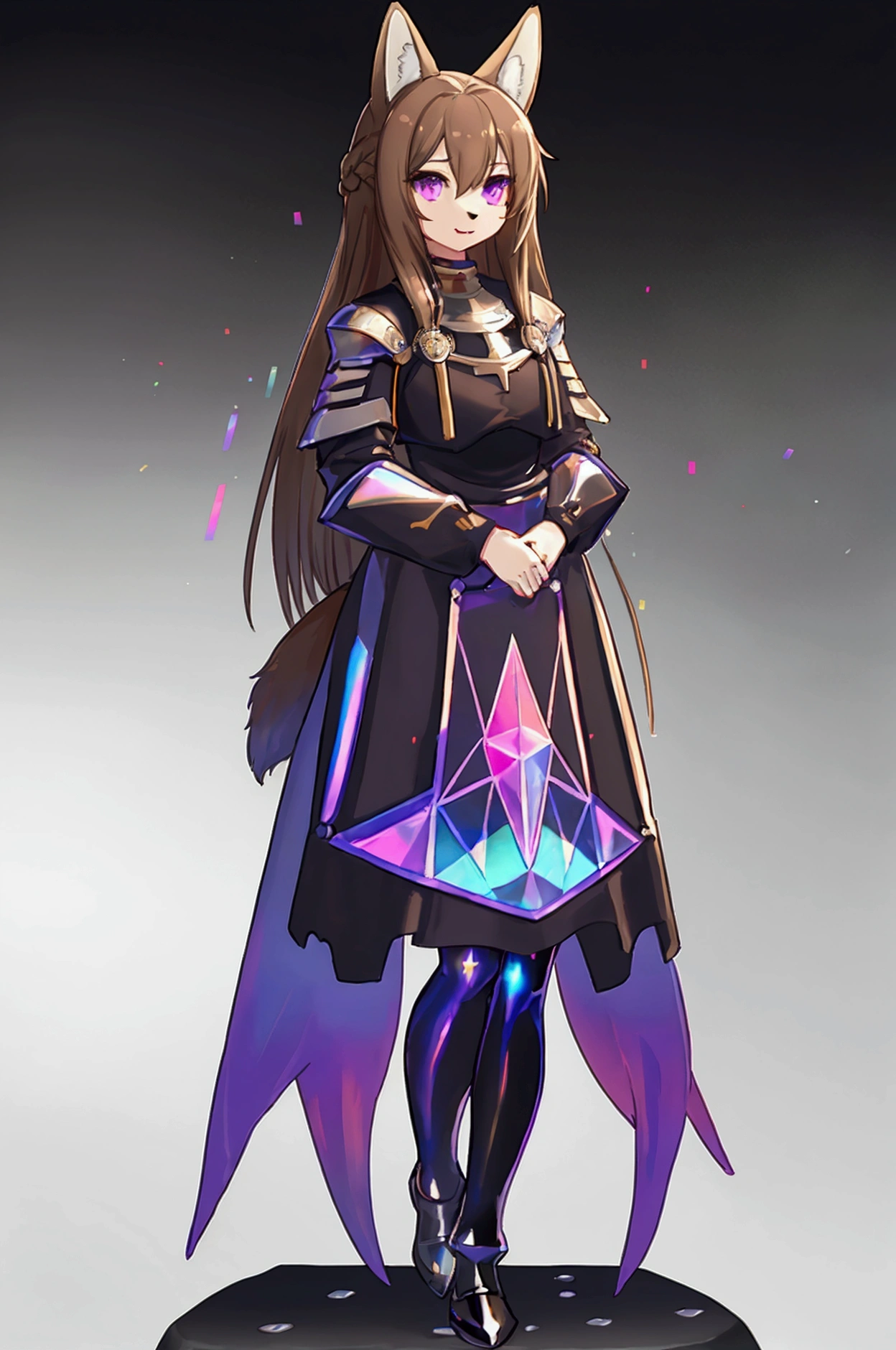 The background is a sunset sunset 、 medieval cityscape with basket、Inside the kaleidoscope、 stained glass background 、Legendary Scenery 、 mythical scenery unfolds、The cathedral shines brightly、red and green contrast 、Path of Light、 Edelgard in black armor, wearing black tights ,((  Holographic  )), kishi-v2(  black and evil  々  shield 、 wear armor ,  brown hairの毛、 red eyes,  1 girl),　  I tried wearing black tights  、  1 girl, in ,  fox girl, In women  ,  fox ears,  animal ears  , Nazuna_Hiwatashi,  brown hair, long hair, red eyes, (Animal Nose, triangular nose  ),  fox ears, ((bushy Tail, Tail)), fluffy fur with a large  shield  , （I can see the fangs、Double teeth、 wore black tights  ( transparent PVC clothing , transparent colored vinyl clothing , : 1.2。prism, Holographic , Color Difference, fashion illustration), （Mean face、 red eyeliner that makes a striking impression、  cold eyes 、  has long eyelashes） Purple Eyes,  long hair,  Holographic ヘア( Holographic :1.2), Refined and elegant ,  3d rendering,, Looking at the Audience , pixib,movie lighting,  very detailed