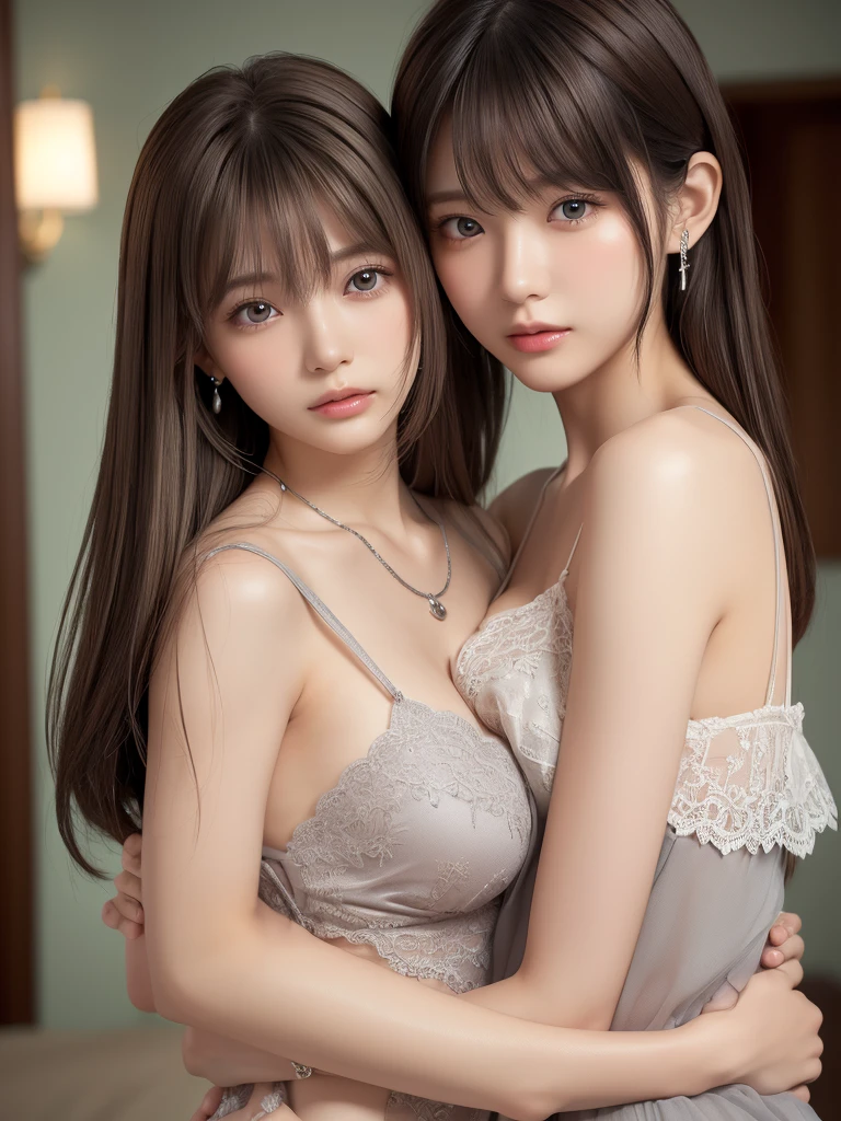 2 girls,  18 years of age,  one pinned against a wall with her arms above her, the othe holding her hands around her waist,  both looking deeply into each other eyes,  seductive looking, 