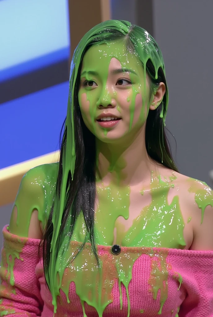 (best quality, 8k, hd, masterpiece: 1.1), (hyper realistic, super detailed, extreme realism: 1.7), (photo realistic: 1.5), sharp focus, (2 Asian models screaming in pain: 1.9), angry, pissed off, 2 Asian women, 2 women, (inside game show set: 1.9), (game show studio: 1.7), trivia game, beautiful face, delicate eyes, cleavage, (wet slime dripping down both heads: 1.1), (Canon50: 1.9), lace push-up bra