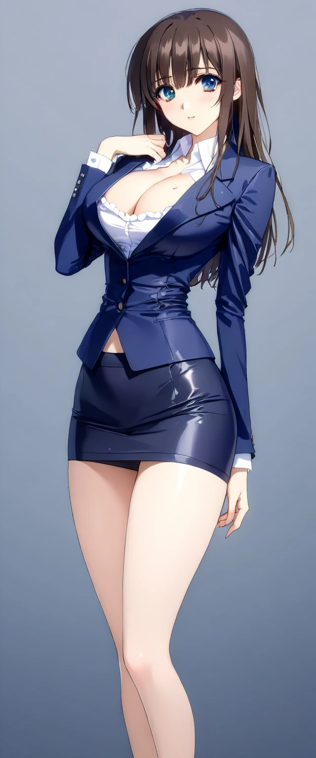 Megumi Kato,  1 girl , Alone, bangs,  brown hair, nsfw、(((Female lawyer, ( formal suit micro mini skirt,  High Waist Micro Mini Pencil Skirt ,  white shirt,  strict navy blue jacket),Big Breasts、 cleavage、Thin legs)))、 perfect body,  anime virtual YouTuber full body model not wearing, ((Full body of a single character,  standing in a splendid posture , short!,  full body shot super detailed ))、 skinny, Alone, 1 female,   Masterpiece  ,   top quality ,   top quality , 16k,  unbelievably ridiculous,  high definition, 2.5D, AI-generated, Delicate and dynamic,  Very delicate facial expression,  delicate eye depiction,  Erotic , only  sexy woman, ((A cute and kind face)),((((Beautifully detailed eyes、 beautiful detailed eyes))))、 Healthy body shape, ((25-year-old woman)), Height: 170cm,  medium firm swaying bust, sexy, (( Thin Thighs )),,  shiny, 視聴者にfrontを向いている, smile, ((Oily_skin)), (((( cowboy shot、 middle hair )))),  Erotic  pose,  fashion model posing with faded gray hair,   fashion model style DJ, (((micro mini length pencilskirt、front、You can fully see your thighs 、Very thin thighs、Long beautiful legs、痩せていてBig Breasts、 Navy Blue Flawless Micro Mini Pencil Skirt)))、((((CowboysHot、downwards、from front、 simple background))))、((Fashion Show Pose ))