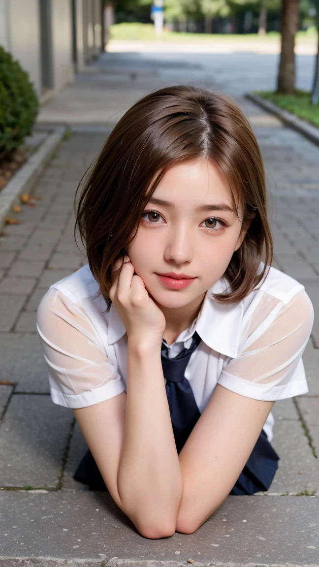 Sidewalk,  RAW photo, 8k,  top quality ,  super high resolution,  beautiful face down to the smallest detail,  realistic  human skin,  gentle expression , Front View,  short hair ,  realistic , photo realistic , cute,  short pleated skirt, cute schoolgirl,  surreal high school girl in Japanese schoolgirl uniform, whole body,