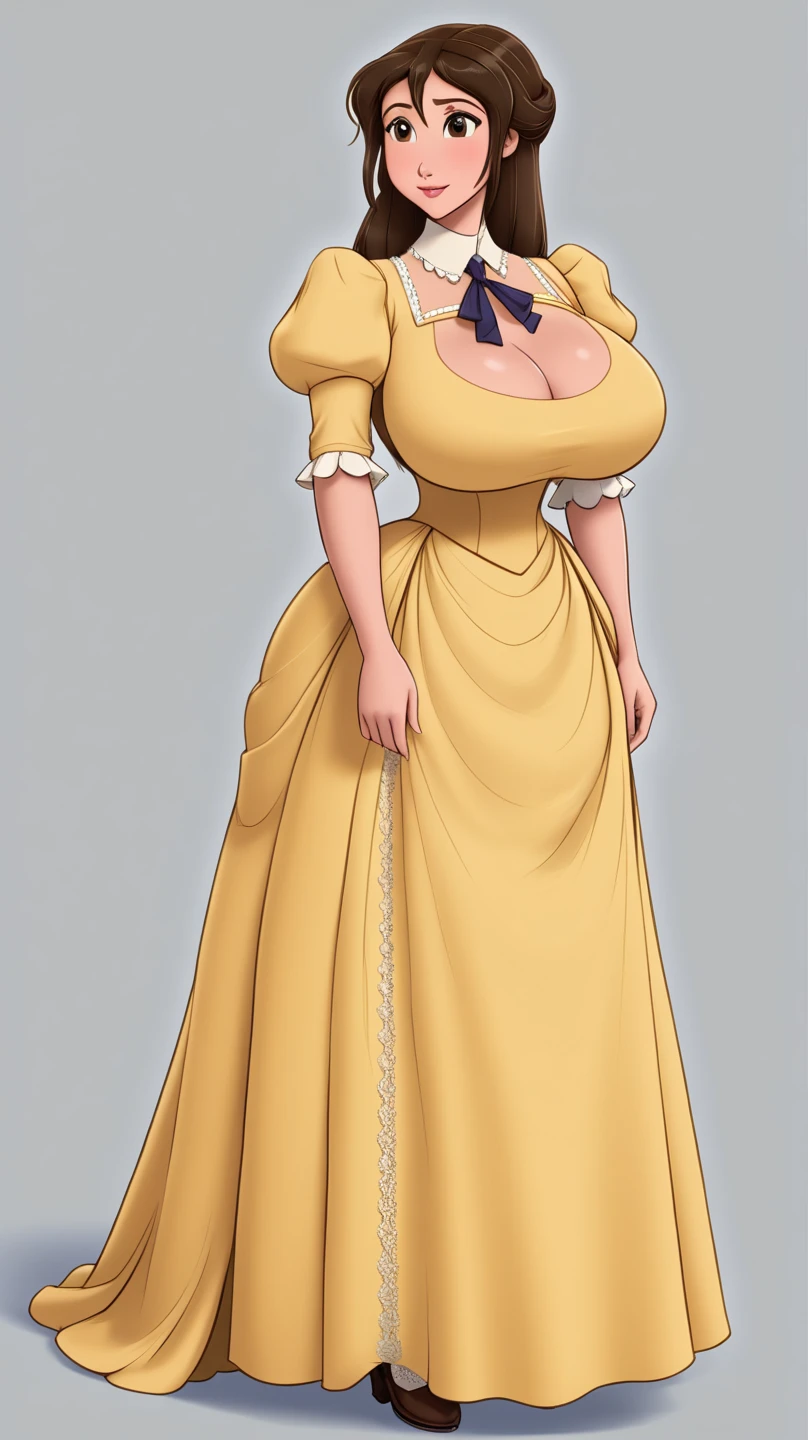 Jane Porter, She has long, straight brown hair that falls to her shoulders, in a loose, natural style. Her facial features are soft and expressive, with large brown eyes, a slightly upturned nose, and full lips that give her a youthful and lively appearance. Jane’s skin is fair, (and she has gigantic breasts:1.3), she has a slim waist, but extremely wide hips. She is wearing a soft, pale yellow color gown. it has a Victorian-inspired design, It features a high, lace-trimmed collar, puffed sleeves, and a cinched waist, giving her a classic, somewhat formal look. The skirt is flared, extending just below the knees. Full body