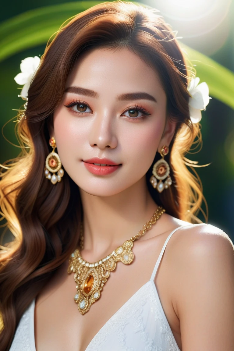 （8K分辨率，Faraway view，Photographs of legs），（Multiple women，20yr old，（The facial features of Thai Aump：1.8，Thin skeletal cheeks，s delicate face），com rosto detalhado，Lovely face，com rosto detalhado，详细的脸，Ultra-fine makeup，Black colored eyes，（Look into the camera），Long dark red hair，（Messy has layers），Redlip，Fair smooth skin，（Best Skin Type：1.21），mediuml breasts，（（Thai evening dress：Siwalai，Delicate shawl straps，Luxurious ladies' tube dresses），A small number of flower hairpins，Luxurious necklaces and bracelets），Tall and tall，The action of flying kisses，perfect hand，Ultra-fine clothing material），（party，banquet，tropical trees，Flower wall，Exquisite environmental details），（exhilarated，confident smile，Rejoice，intimacy，Jealous，Flourish），（profesional lighting，动态照明），（（The colors are relatively uniform，Noble sexy，vivaciousness，rays of sunshine（golden colored，red colour，in pink））），（Golden section，Cinema lenses，Dynamic shots，Hasselblad photograp，tmasterpiece：1.3），（adolable，rays of sunshine，vivaciousness，mistic，Raised sexy，Celebrity，trendsetting，Folklore，Artis，Art platform）