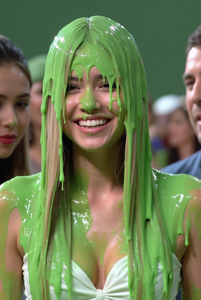 Cinematic photograph of Korean model covered in green slime. Photorealistic. Glistening liquid. Green slime. Slime. Wet. Raw photo. Korean model. (Korean: 1.1). Korean woman. White strapless dress. Cleavage. Blonde hair. Gameshow. Portrait photograph. Film photo. Winged black eyeliner. Monolid. Custard.