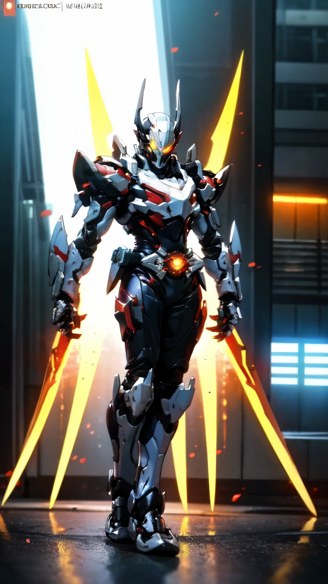 (masterpiece:1.5, best quality:1.5, extremely delicate:1.5), ((male:1.5)), a man wearing a full-face helmet, high-tech biomimetic armored combat suit, (a composite layered chest armor), the design balances heavy with agility, fully enclosed shoulder guards, matching arm and leg guards, a belt of gemstone, (the color scheme is primarily Red with Purple and Yellow accents, Organic Biotech, Concept Inspired by Vampire, glowing eyes, armor glows, huge cloak like devil wings), stand of a futuristic sci-fi city, this character embodies a finely crafted fantasy-style armored hero in anime style, exquisite and mature art style, metallic, high definition, highres, ultra-detailed, ultra-fine painting, professional, perfect body proportions, golden ratio, anatomically correct, symmetrical face, extremely detailed eyes and face, high quality eyes, creativity, RAW photo, UHD, 32k, Natural light, cinematic lighting, (masterpiece-anatomy-perfect:1.2)