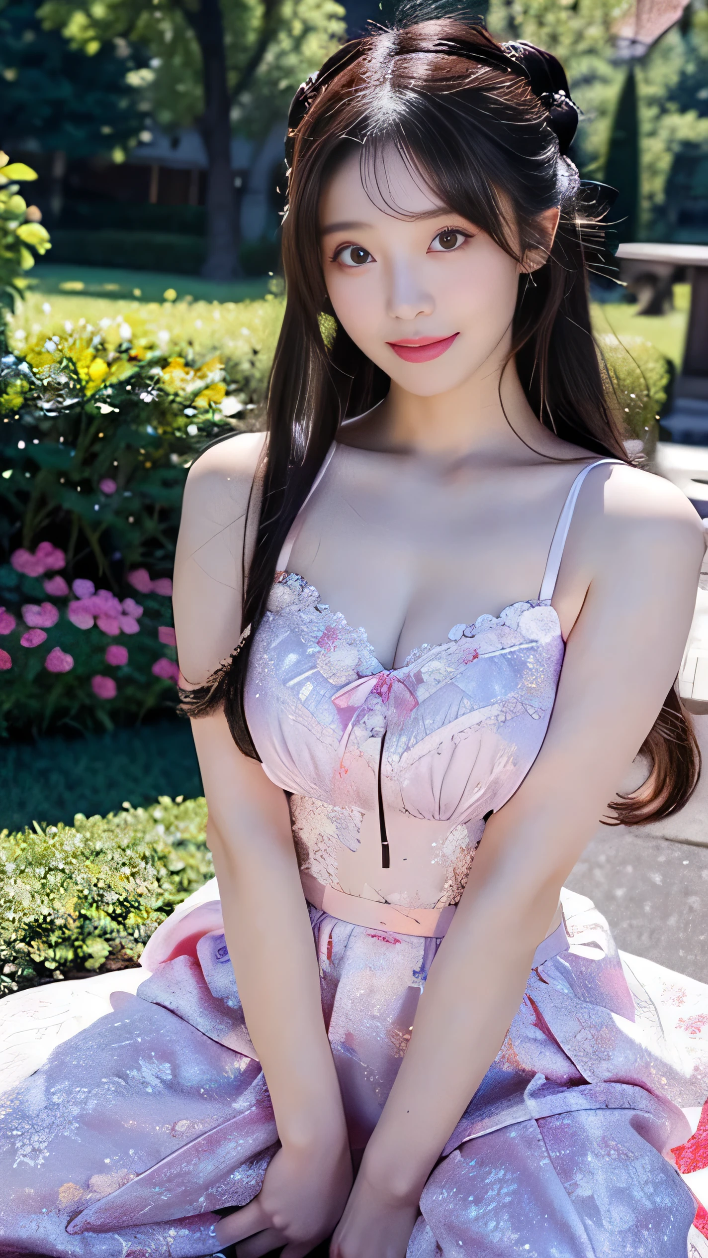 dress,white thighhighs, twin braids ((full body)), yushuxin,1girl,solo, makeup, (close-up shot, sitting pose, elegant posture, enticing pose, perfect curves, slim, sexy, big breasts, cleavage, beautiful legs, mesmerizing gaze, biting lips, messy long hair, outdoor, simple casual scene, random shooting angle, extremely detailed, ultra-clear, best quality, official art, exquisite earrings, delicate necklace, extremely detailed description, super fine painting, exquisite features)