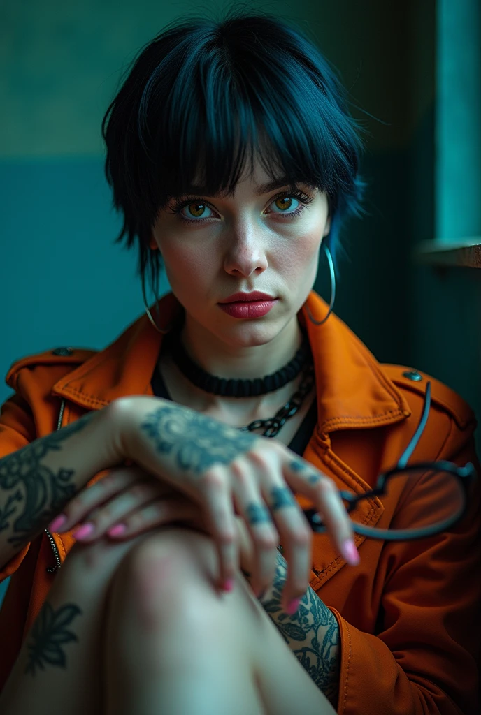 Amateur photo. Beautiful white woman, (very pale skin:1.5), 21 years old. With short black and dark blue hair, (holding a pair of glasses with thick black square frames:1.5), large (dark eyes:1.5), heavy eyebrows, serious expression. Tattoos, piercings, round face, softly rounded features, curvy, wide hips, thick shapely legs, legs in shot, wearing colorful clothing, looking at viewer, legs crossed.