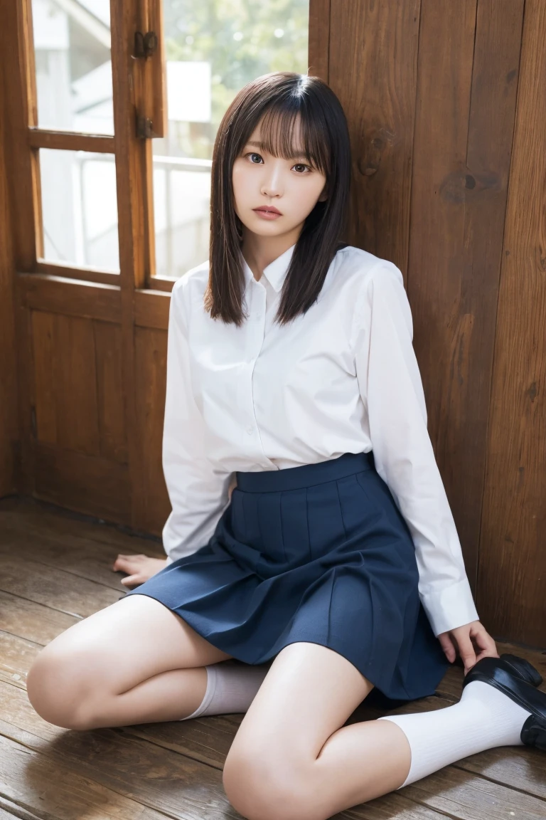  top quality,  super high resolution,One Japanese person, cute woman sitting,whole body,  black hair, Stiff expression,  no makeup,  Staring at the Camera ,, long-sleeved white shirt,ribbon,  small breasts,  Navy Pleated Skirt, white panties,Short socks, Dark Brown Loafers , A woman confined to an abandoned house