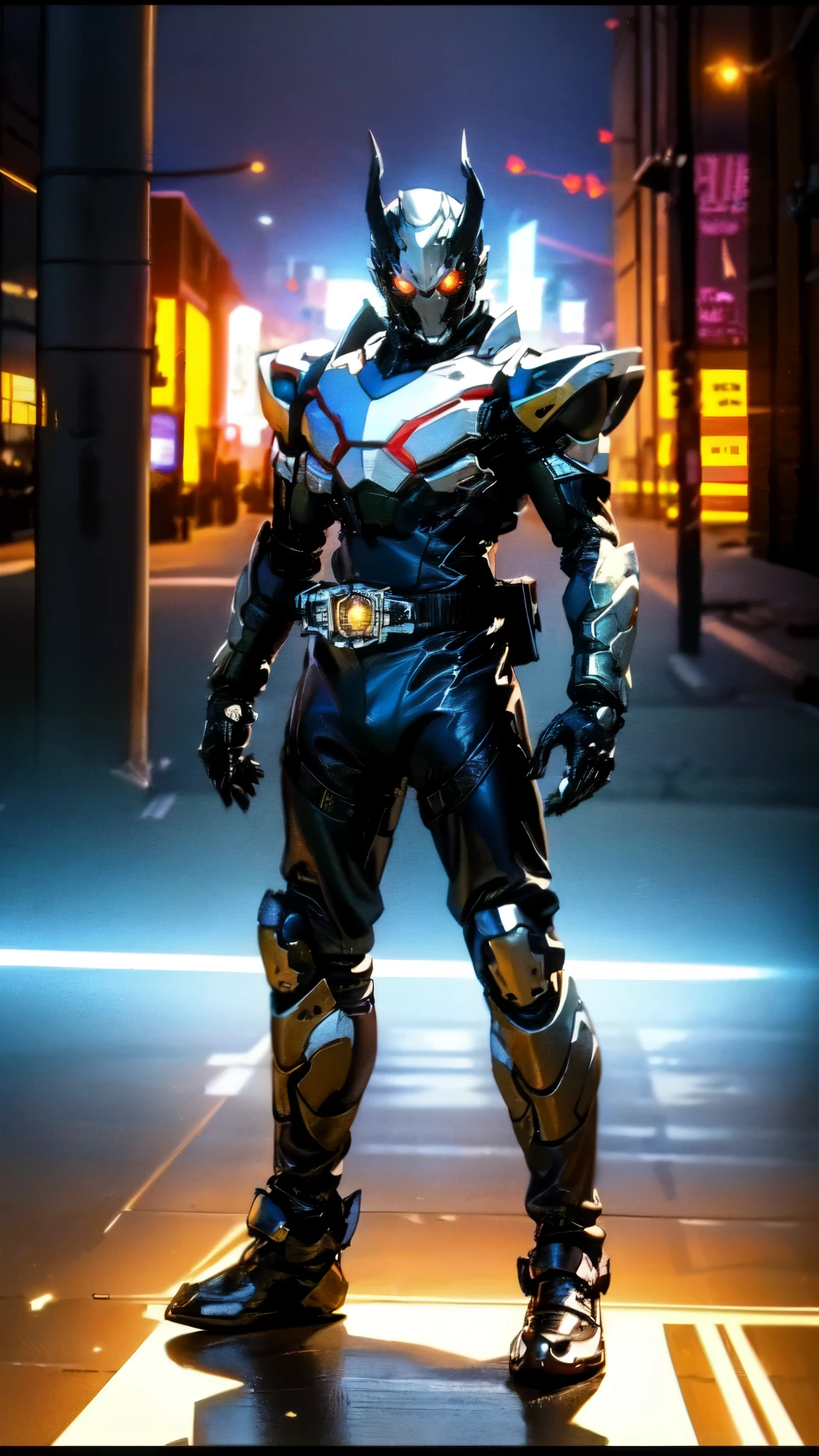 (masterpiece:1.5, best quality:1.5, extremely delicate:1.5), ((male:1.5)), a man wearing a full-face helmet, high-tech biomimetic armored combat suit, (a composite layered chest armor), the design balances heavy with agility, fully enclosed shoulder guards, matching arm and leg guards, a belt of gemstone, (the color scheme is primarily Red with Purple and Yellow accents, Organic Biotech, Concept Inspired by Vampire, glowing eyes, armor glows, huge cloak like devil wings), stand of a futuristic sci-fi city, this character embodies a finely crafted fantasy-style armored hero in anime style, exquisite and mature art style, metallic, high definition, highres, ultra-detailed, ultra-fine painting, professional, perfect body proportions, golden ratio, anatomically correct, symmetrical face, extremely detailed eyes and face, high quality eyes, creativity, RAW photo, UHD, 32k, Natural light, cinematic lighting, (masterpiece-anatomy-perfect:1.2)