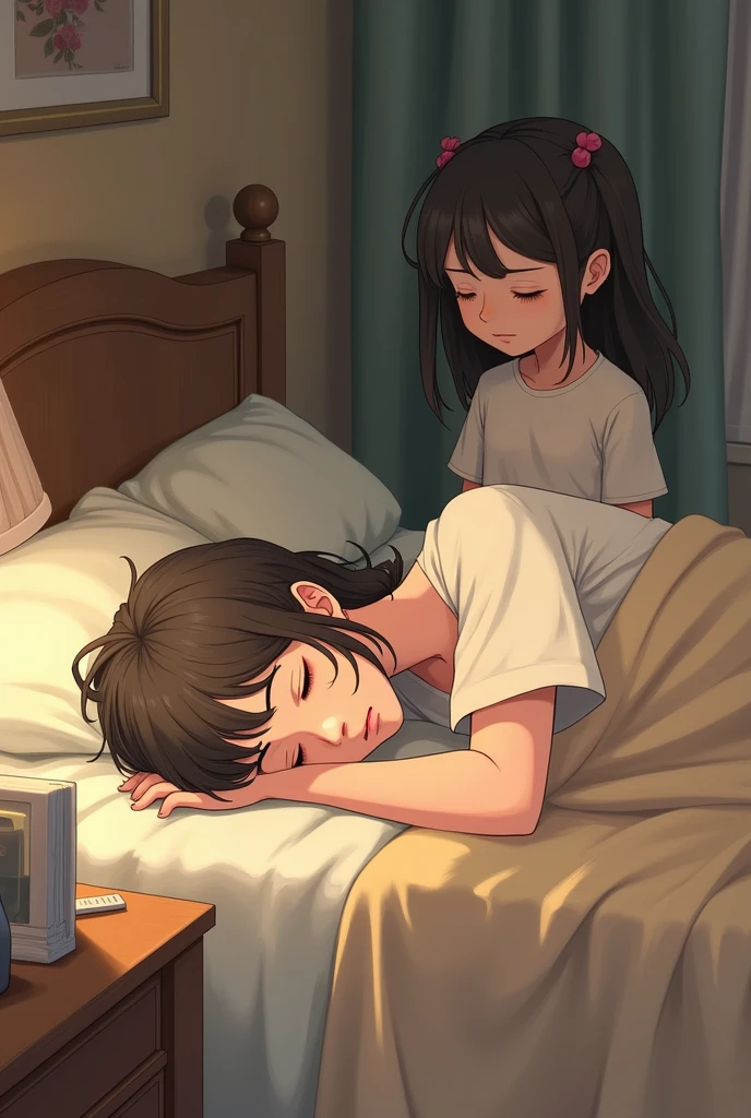 Lie down with your head on your mom's lap、Sit on the bed、Mother looking at her daughter with a kind face、Daughter sleeping comfortably。Good balance of the face。The structure of the body is accurate。