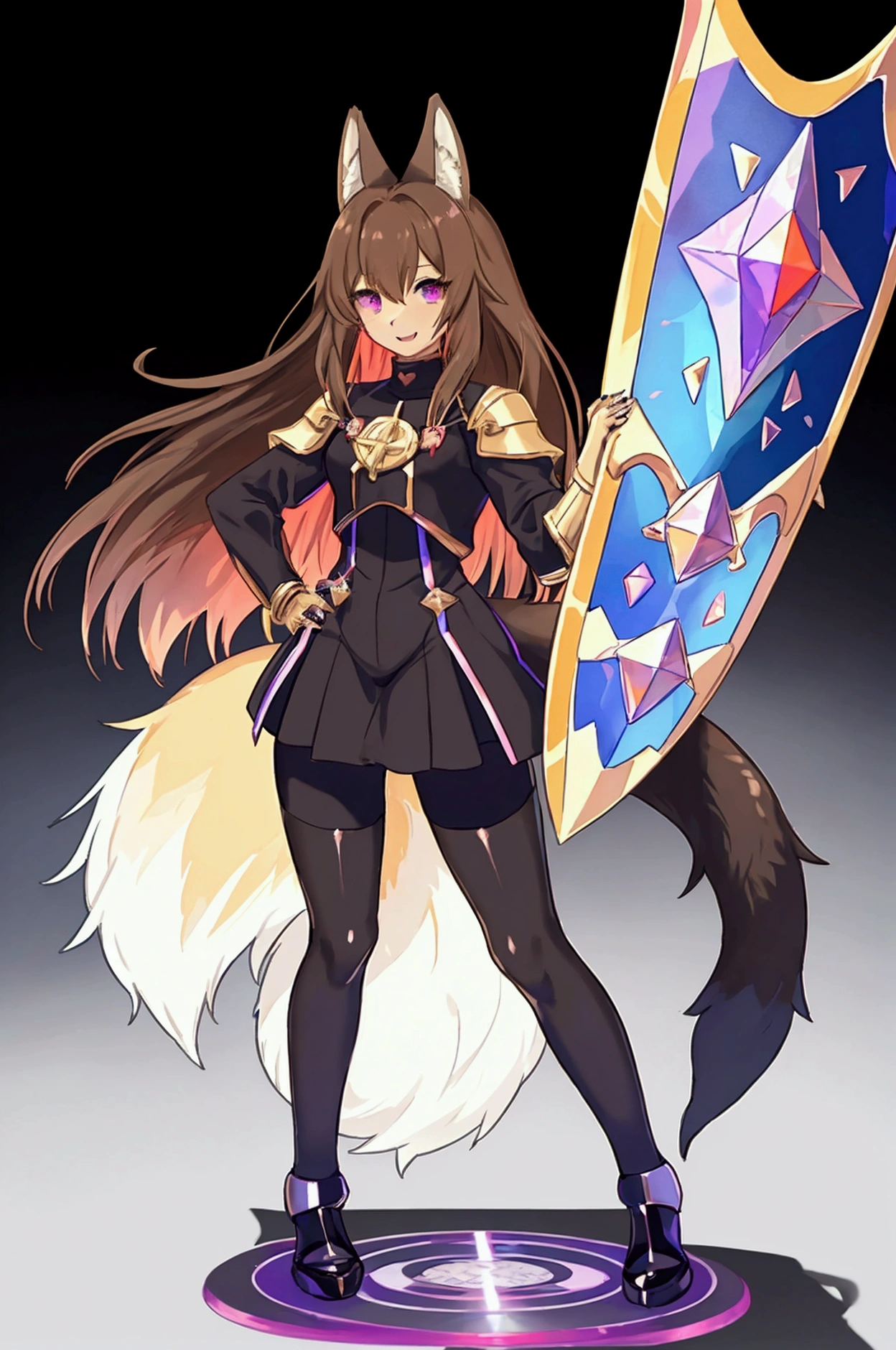 The background is a sunset sunset 、 medieval cityscape with basket、Inside the kaleidoscope、 stained glass background 、Legendary Scenery 、 mythical scenery unfolds、The cathedral shines brightly、red and green contrast 、Path of Light、 Edelgard in black armor, wearing black tights ,((  Holographic  )), kishi-v2(  black and evil  々  shield 、 wear armor ,  brown hairの毛、 red eyes,  1 girl),　  I tried wearing black tights  、  1 girl, in ,  fox girl, In women  ,  fox ears,  animal ears  , Nazuna_Hiwatashi,  brown hair, long hair, red eyes, (Animal Nose, triangular nose  ),  fox ears, ((bushy Tail, Tail)), fluffy fur with a large  shield  , （I can see the fangs、Double teeth、 wore black tights  ( transparent PVC clothing , transparent colored vinyl clothing , : 1.2。prism, Holographic , Color Difference, fashion illustration), （Mean face、 red eyeliner that makes a striking impression、  cold eyes 、  has long eyelashes） Purple Eyes,  long hair,  Holographic ヘア( Holographic :1.2), Refined and elegant ,  3d rendering,, Looking at the Audience , pixib,movie lighting,  very detailed