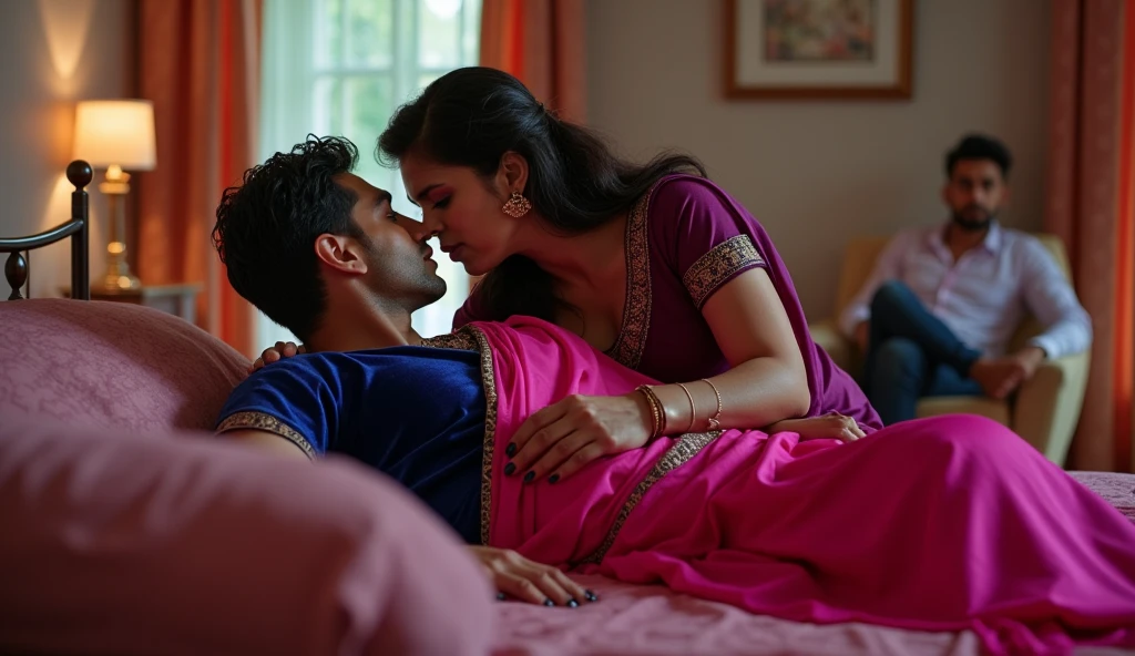 (((Curvy woman in satin salwar))), (((young man an woman lying down))), (((couple))), (((kissing))), (((defined figure))) ((young man lying on woman) (on top), (hugging), (lying on bed) (looking at young man), (curvy), (cheating) (buttock), no shirt, full body, Hand between legs,